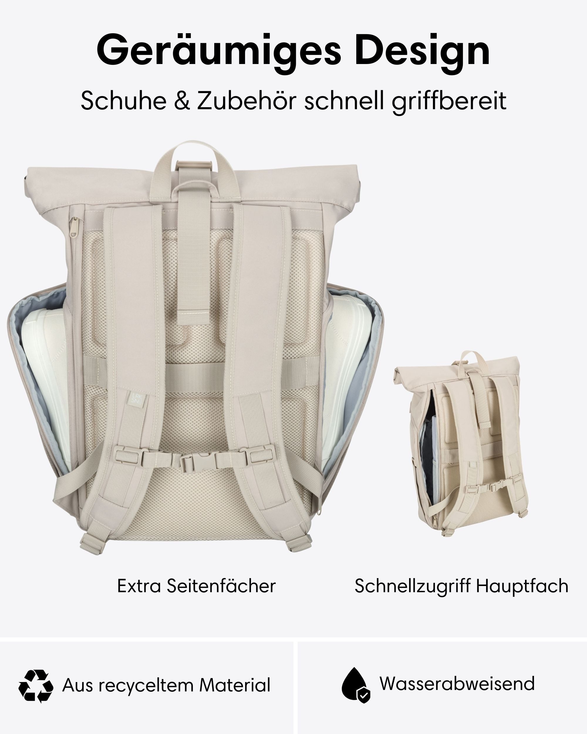 LARKSON Cityrucksack No 4 Large Rolltop Rucksack für Damen und Herren (1-tlg), Geräumiger Rolltop Rucksack für Reisen, Wasserabweisend