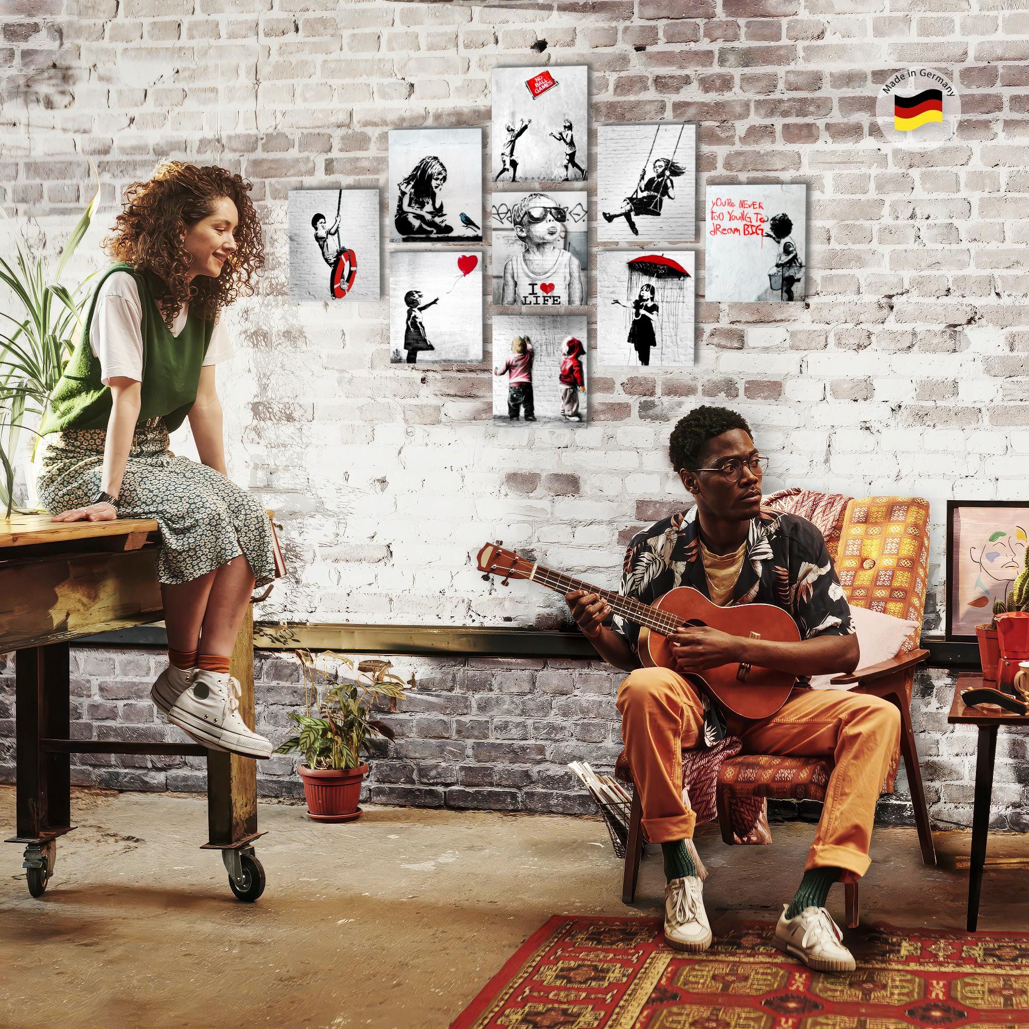 Novart Wandbild Wandbilder Banksy Collage Street Art Wohnzimmer Loft, Kinder (9 St)