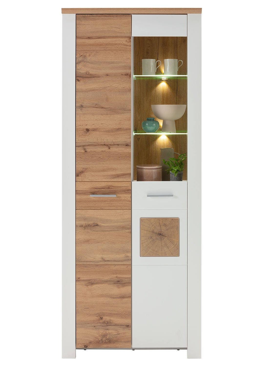 LIV'IN Vitrine MATERA, Weiß supermatt Dekor, Eiche Altholz Dekor, mit LED-Glaskantenbeleuchtung, B 80 x H 202 x T 39 cm