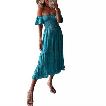 RUZU UG Dirndl Sommerliches bedrucktes elastisches Kleid mit U-Boot-Ausschnitt