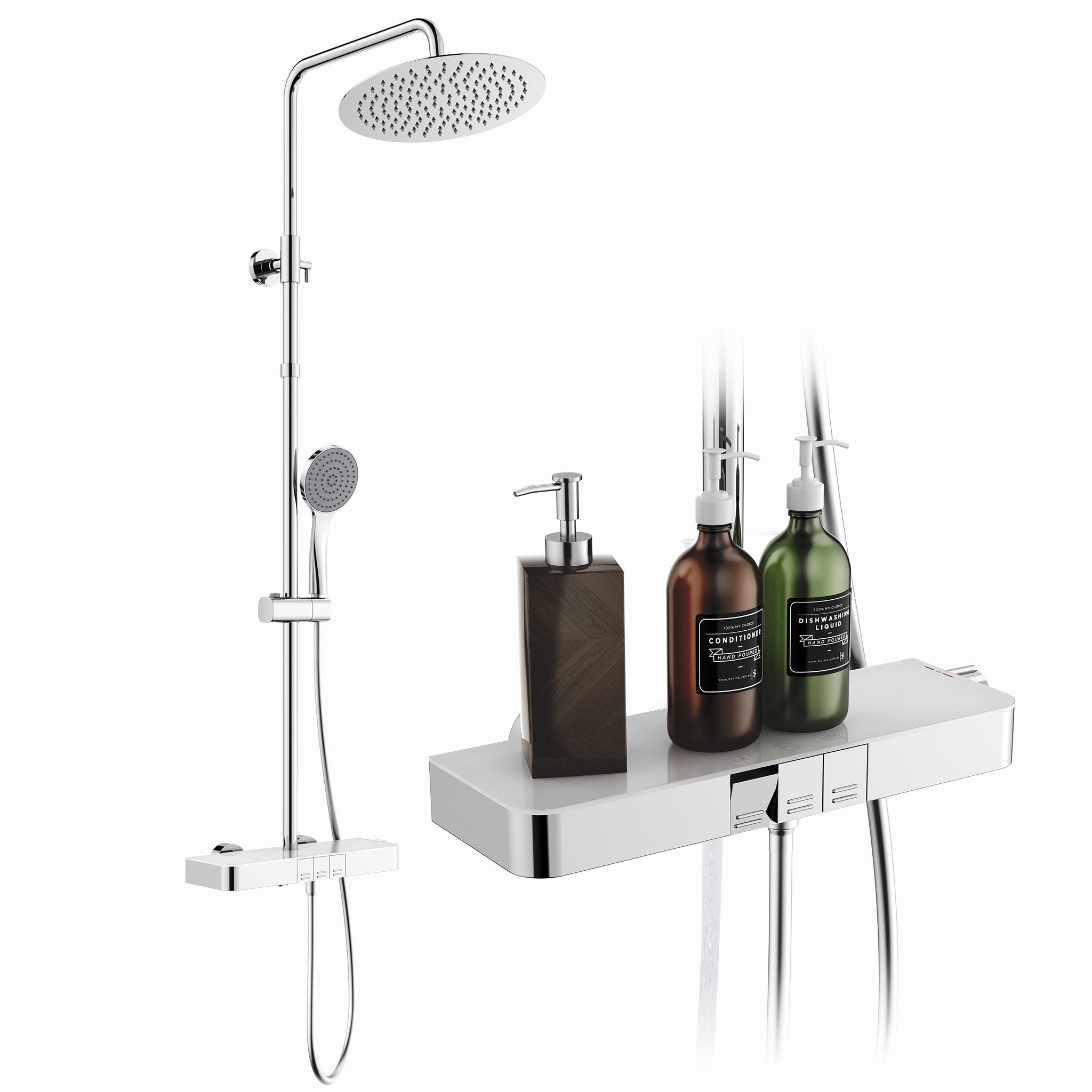 HOMELODY Duschsystem mit Thermostat, Ablage und Handbrause, 12" Regendusche, Duschsystem mit stabilem Wandhalter & höhenverstellbar, Chrom