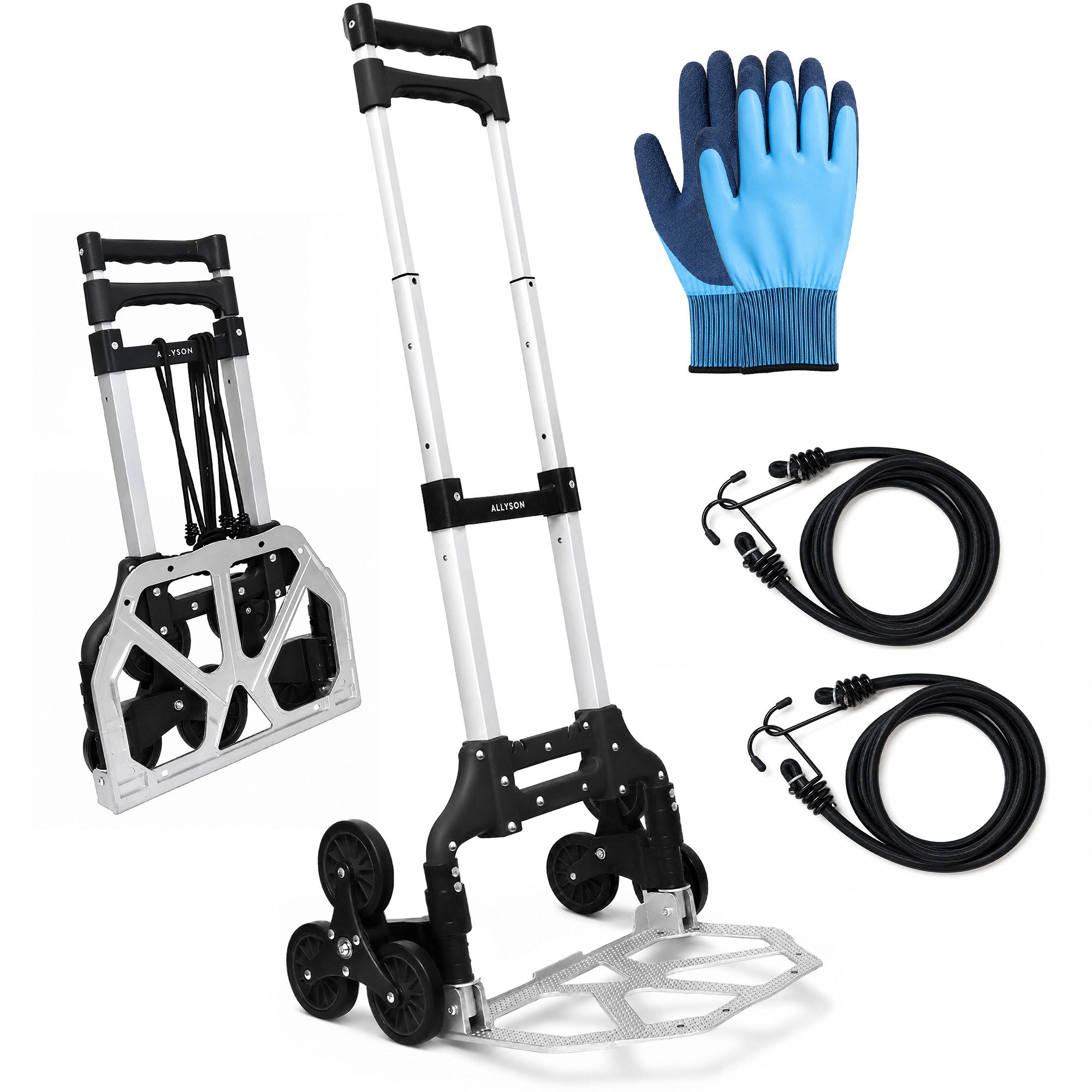 Allyson Treppensackkarre Sackkarre Treppensteiger, Transportwagen Sackkarre klappbar, (2x Elastische Spanngurte, 1 Paar Arbeitshandschuhe), Treppenkarre: 80kg Tragkraft, faltbar, inkl. Spanngurten & Handschuhen