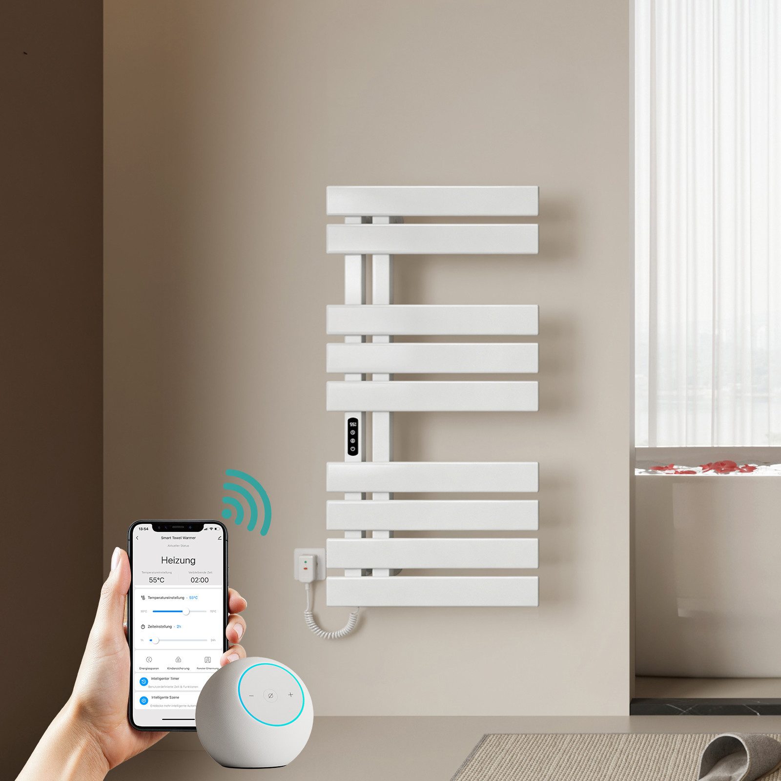 EMKE Elektrischer Badheizkörper Handtuchtrockner mit Smart Thermostat WLAN-/App-Steuerung Timer, Handtuchtrockner Flach Badheizkörper Links 100×50 cm Weiß
