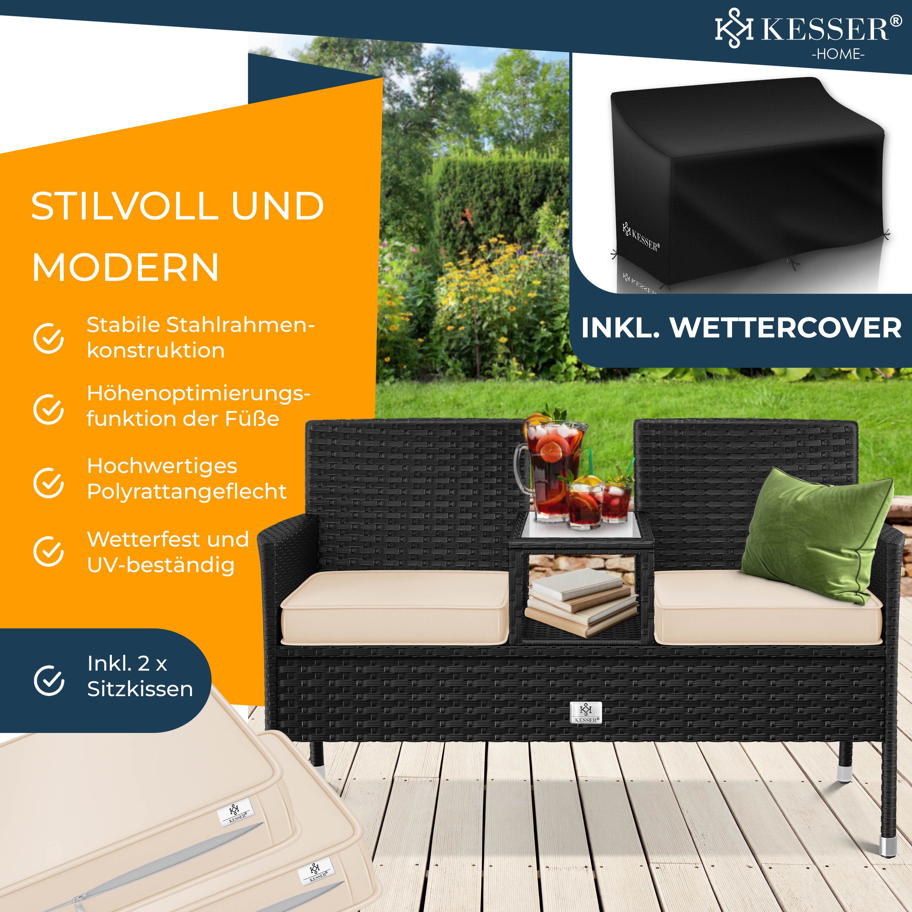 KESSER Gartenbank, Polyrattan Gartenbank 2-Sitzer Bank mit integriertem Tisch