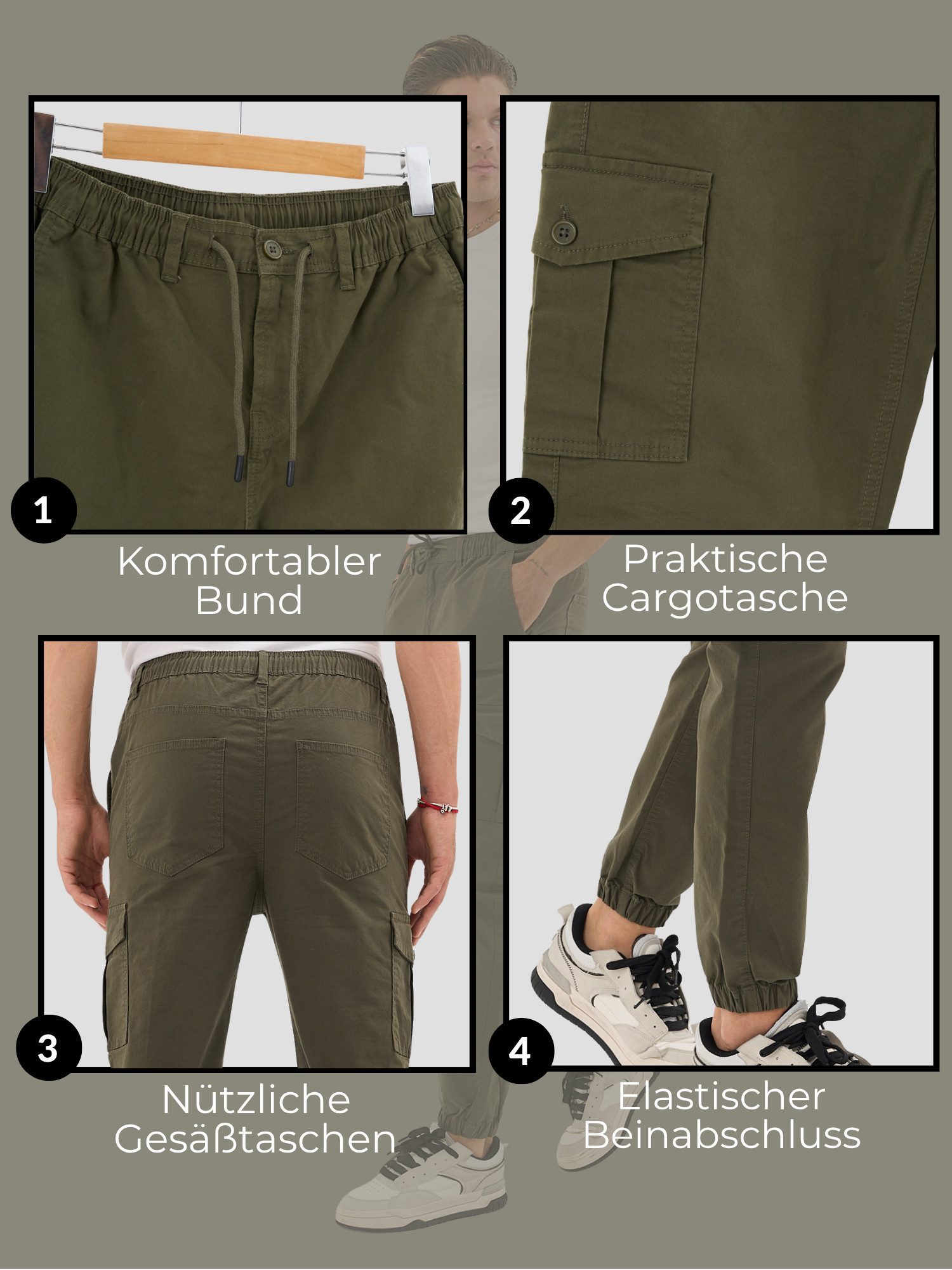 COMEOR Cargohose Herren Stretch Relaxed Fit mit 6 Taschen und Kordelzug Elastischer Beinabschluss, Kordelzug am Bund, Hoher Tragekomfort