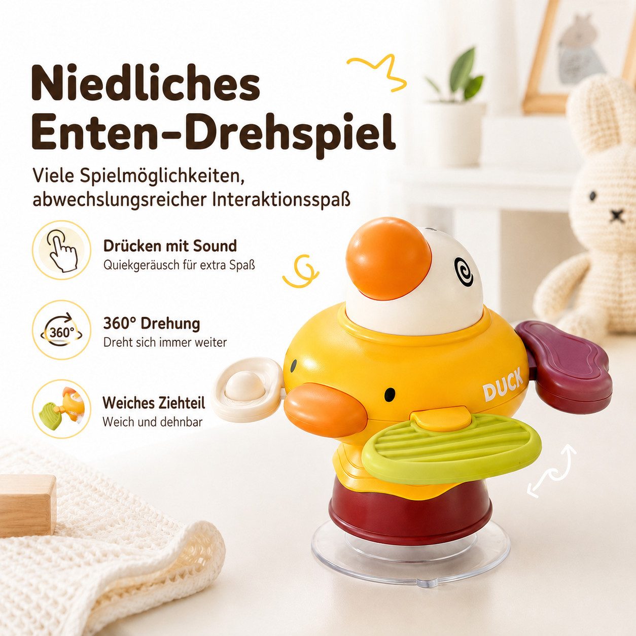Luckice Beißring-Rassel Baby Drehspielzeug mit Saugnapf für Esstisch & Hochstuhl, Entchen Silikon-Beißring – zur Förderung der Hand-Auge-Koordination