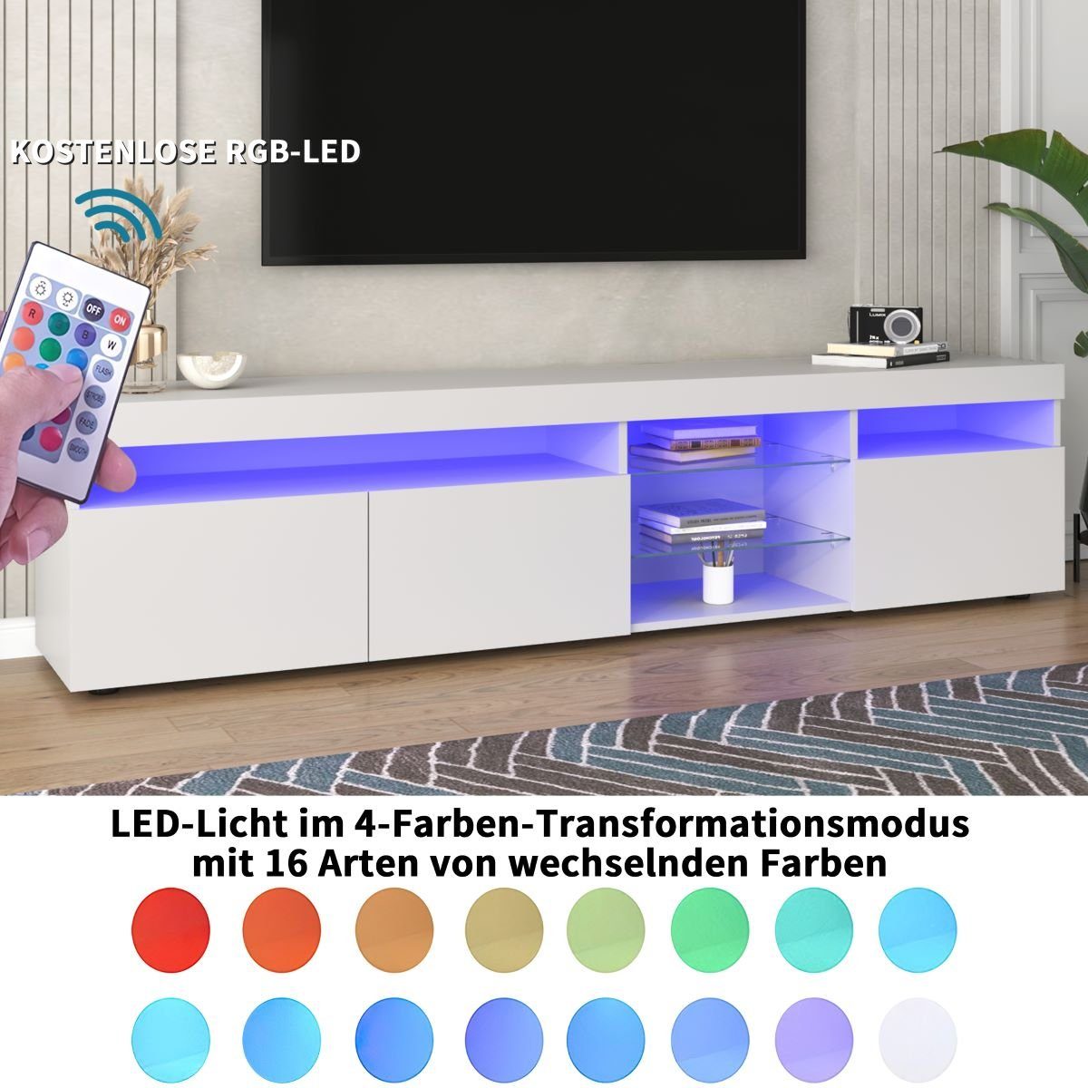 LED-Leuchten,8 TV-Schrank vierfarbigen Weiß 30kg) 180x35x45cm TV-Schrank, Fangqi mit Stauräume (maximal belastbar
