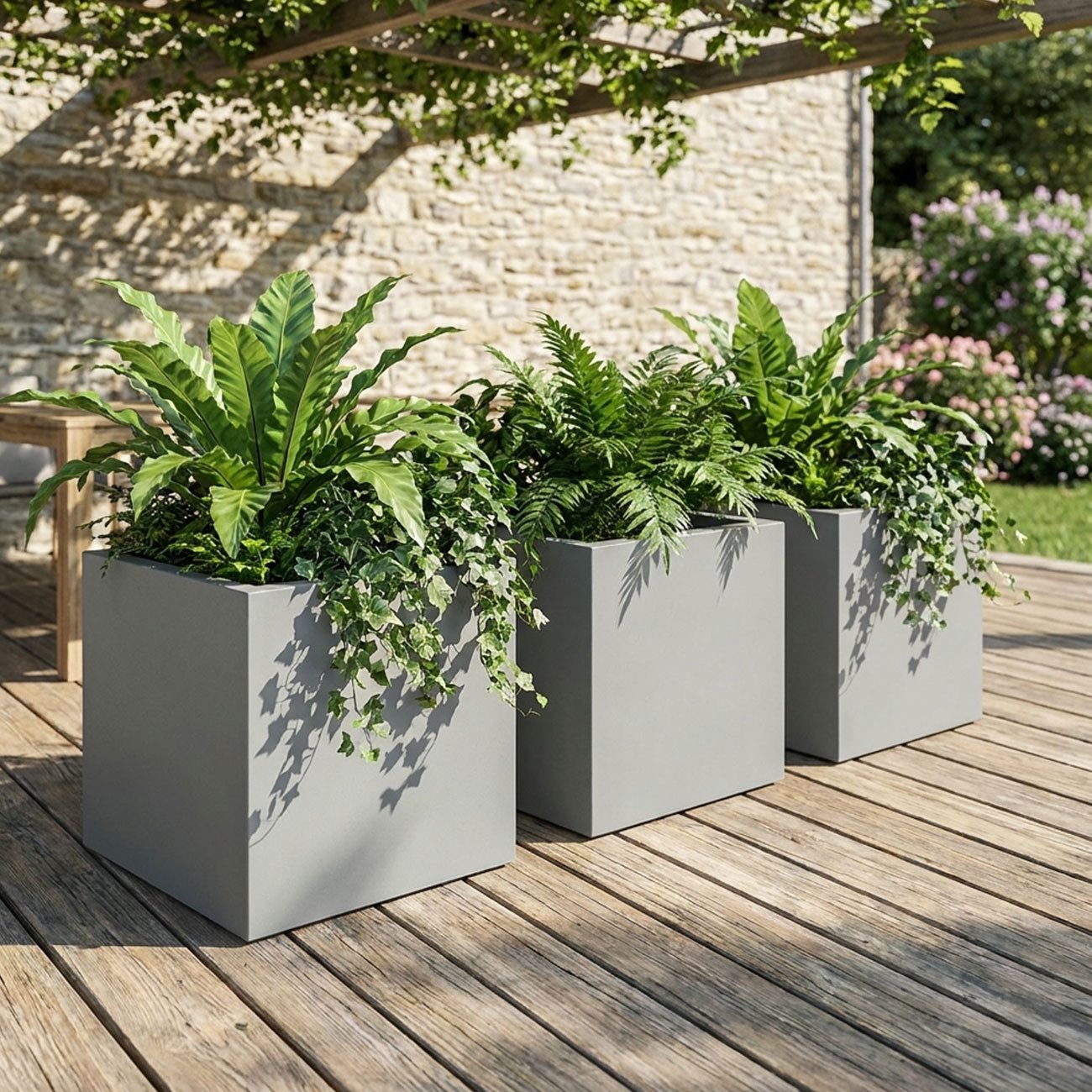 Prosperplast Blumenkasten Quadratischer Blumentopf (38cm, 25L) in Beton-Grau, Kunststoff-Design (3 St)