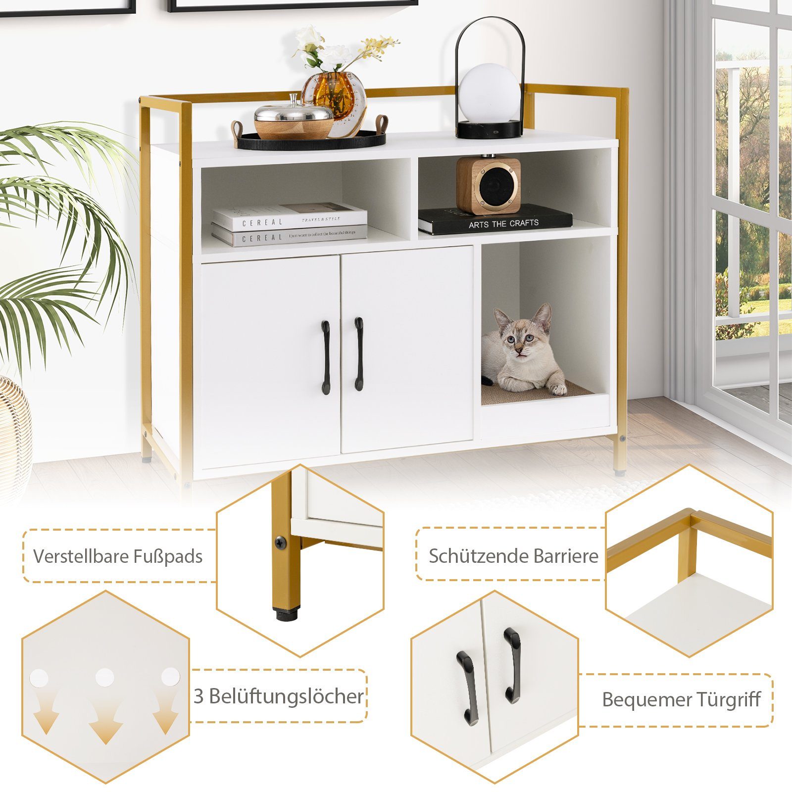 COSTWAY Tierhaus Katzenhaus, Katzenhöhle, mit offenem Regal & 2 Fächern