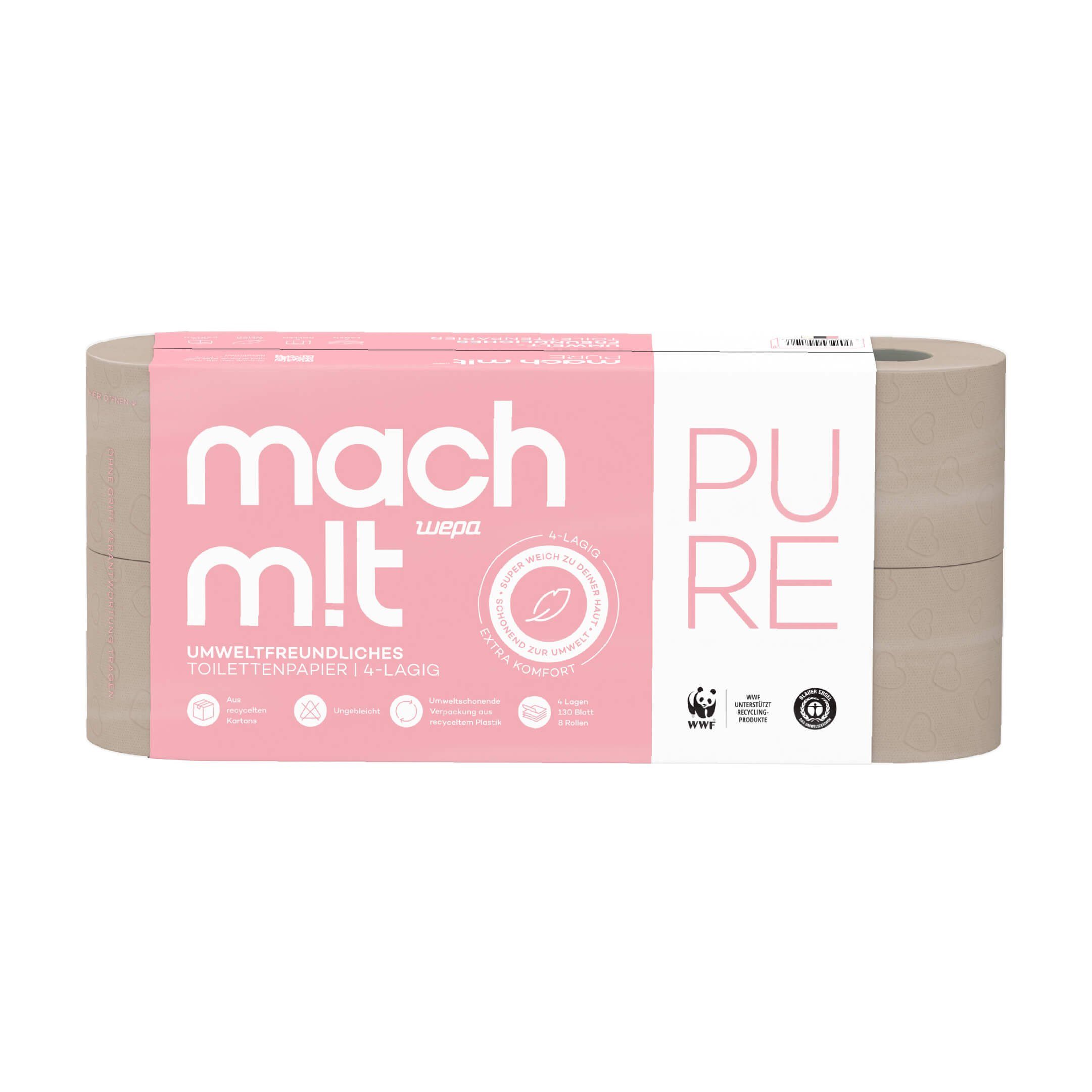 mach m!t Toilettenpapier PURE 4-lagig - extra weich - das Premium Hygienepapier (8-St)