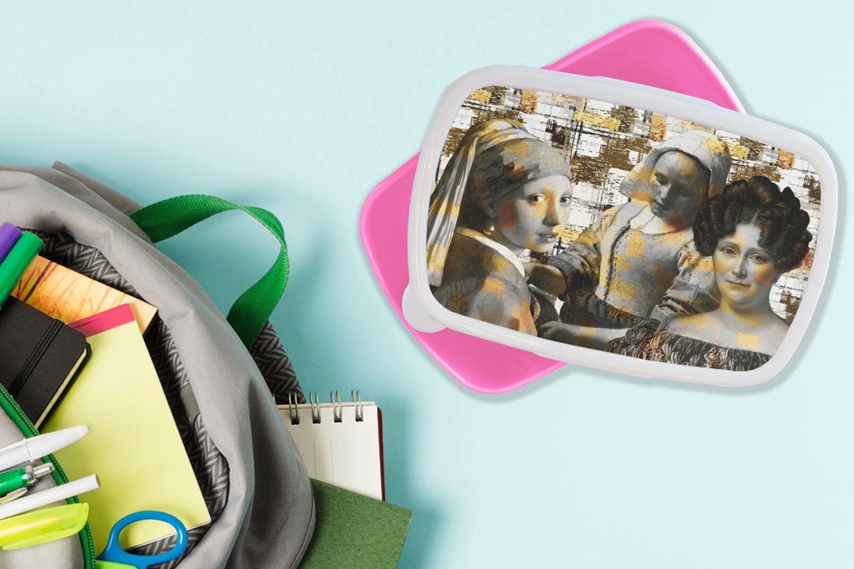 MuchoWow Lunchbox Collage Gold, Mondrian Mädchen, Erwachsene, Kunststoff (2-tlg), für Kinder, Brotdose - rosa - Snackbox, Kunststoff, Brotbox