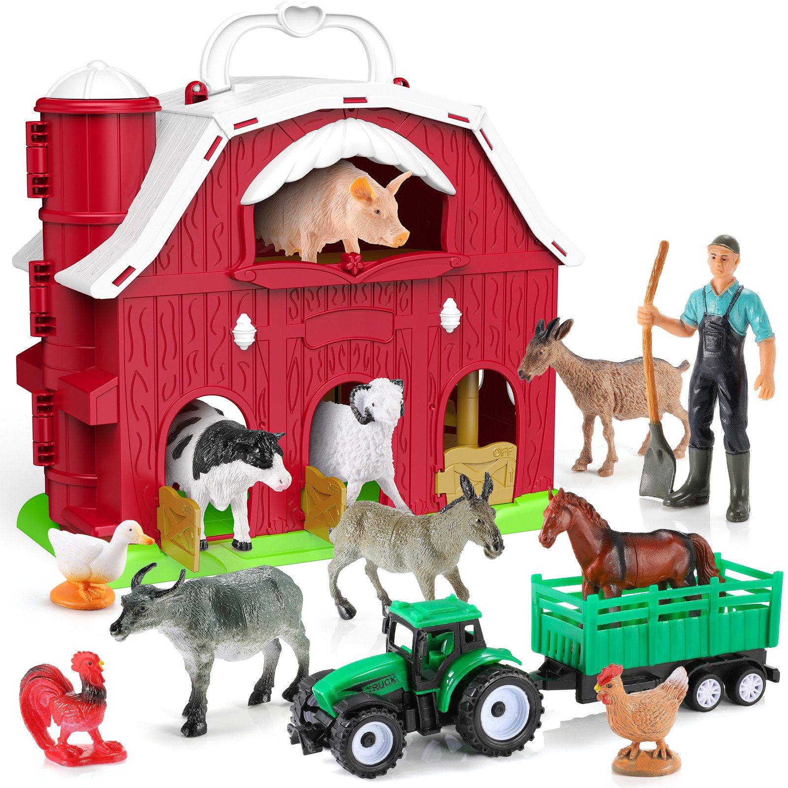 Wootoy Lernspielzeug Spielhaus Bauernhof Spielwelt Figurenset Tierbauernhof für Kinder (mit 10 Bauernhoftieren Landwirt und abnehmbarem Farmwagen, 12-St., Abgerundete Kanten glatte Verarbeitung und pflegeleichte Oberflächen), Klappbares Design mit Tragegr