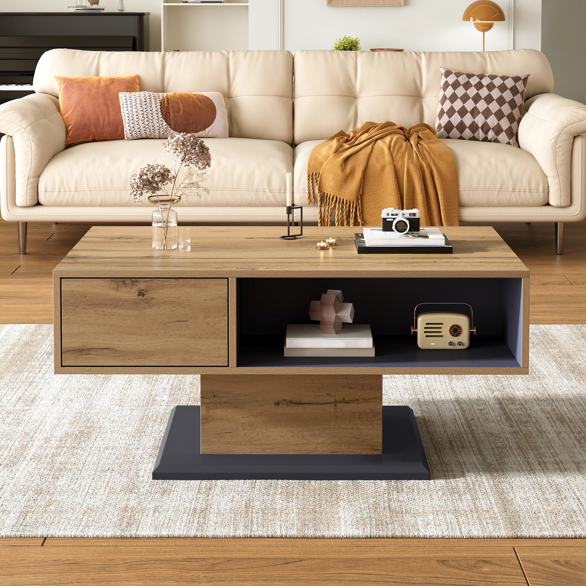 Ulife Couchtisch Moderner Couchtisch mit doppelseitigem Stauraum (1-St), Großes Ablagefach und Innenfach für praktisches Ordnungsdesign