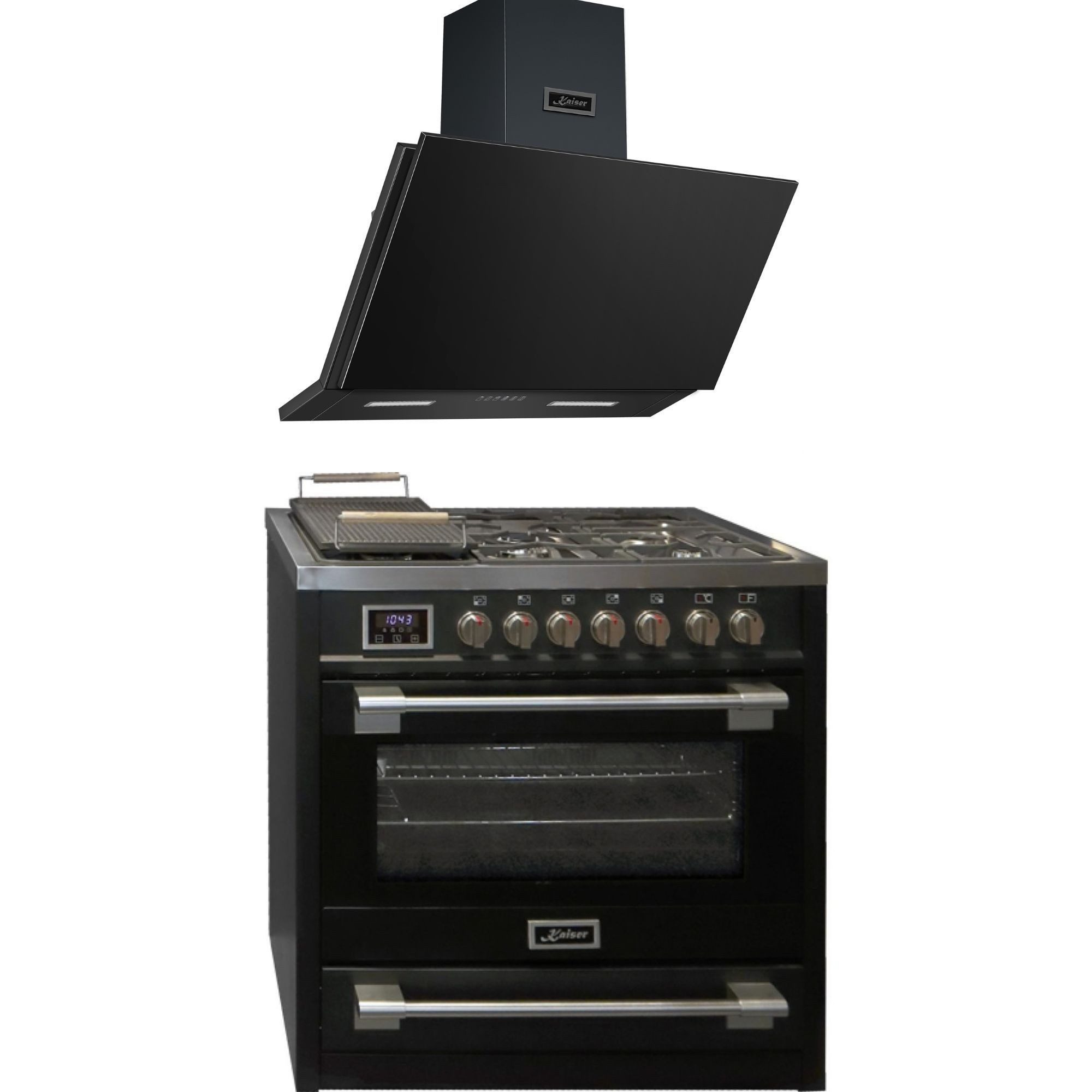 Kaiser Küchengeräte Gas-Standherd Range Coocker Gasherd mit XXL Elektrobackofen 115L, Heißluftsystem, Infrarotgrill, Drehspieß HGE 93505 s+AT 9455 NS., mit 2-fach-Teleskopauszug, Katalytische Selbstreinigung, Gasherd Elektrobackofen+Dunstabzugshaube 90 cm 1250m3/h Schwarz Metall