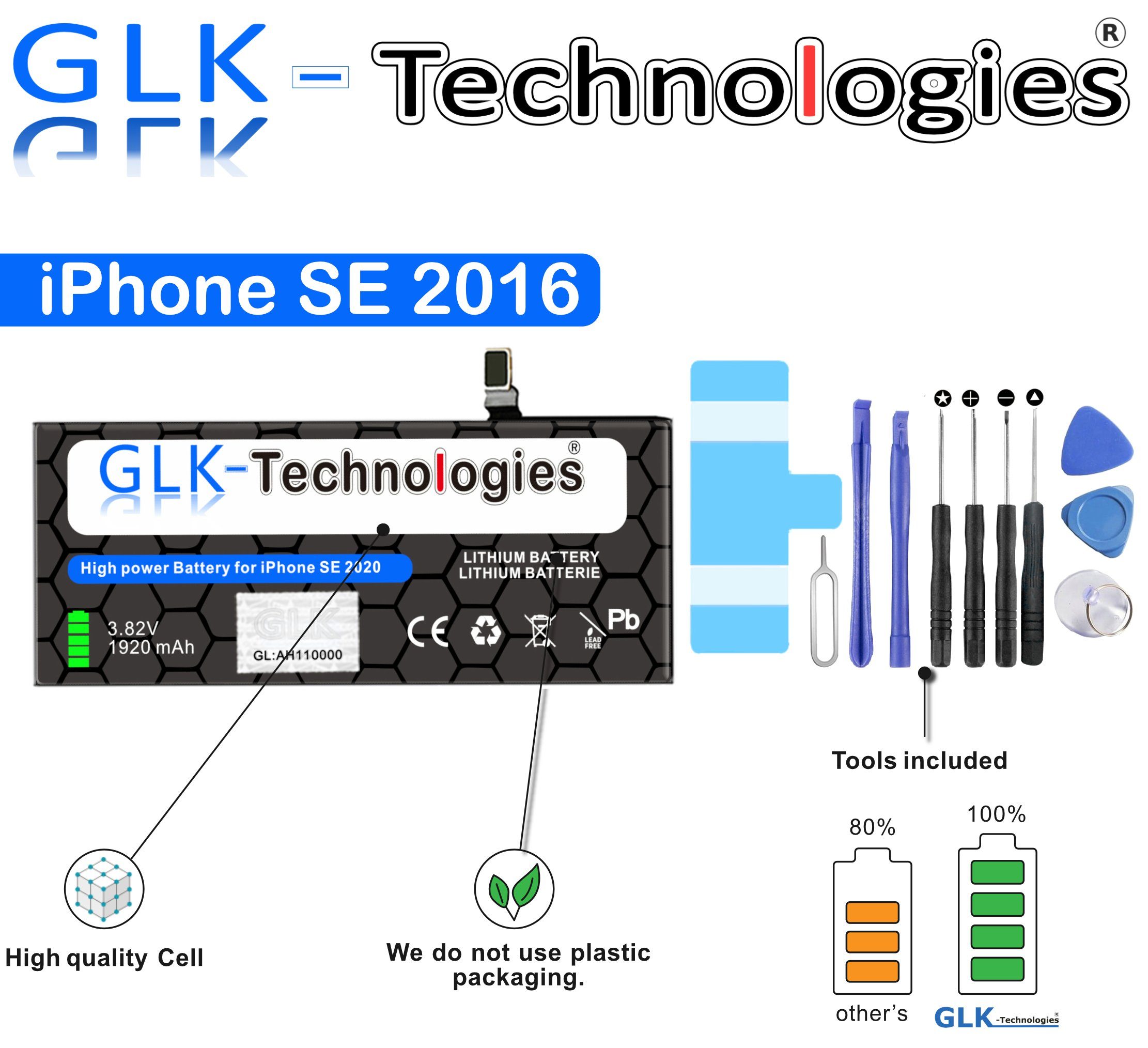 iPhone 1624 Akku, Werkzeug Handy-Akku inkl. GLK GLK-Technologies 2016 SE Battery, mAh