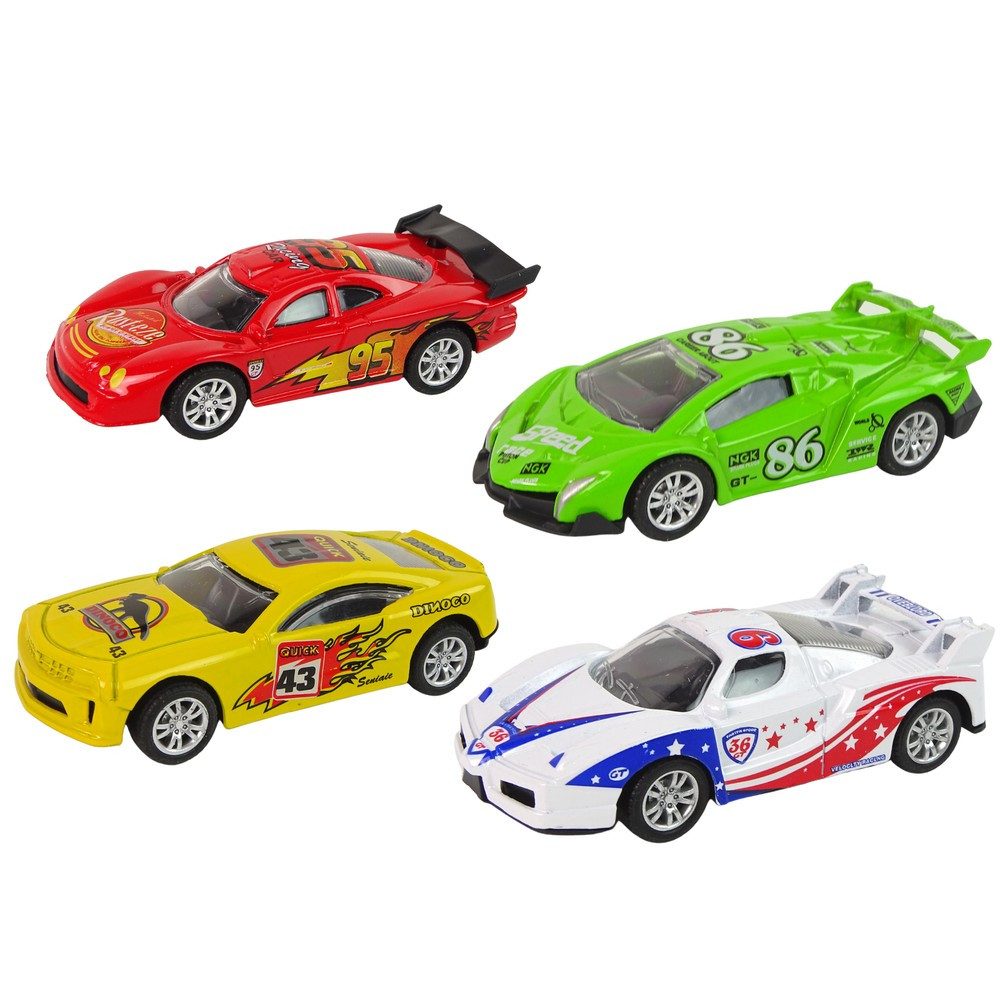 LEAN TOYS Spielzeug-Auto Rennflitzer Modellauto Rückziehfahrzeug, (Spar-Set, 1-tlg., 10 x 4 x 3 cm leicht), Reibungsantrieb, Maßstab 1:43, Aufkleber
