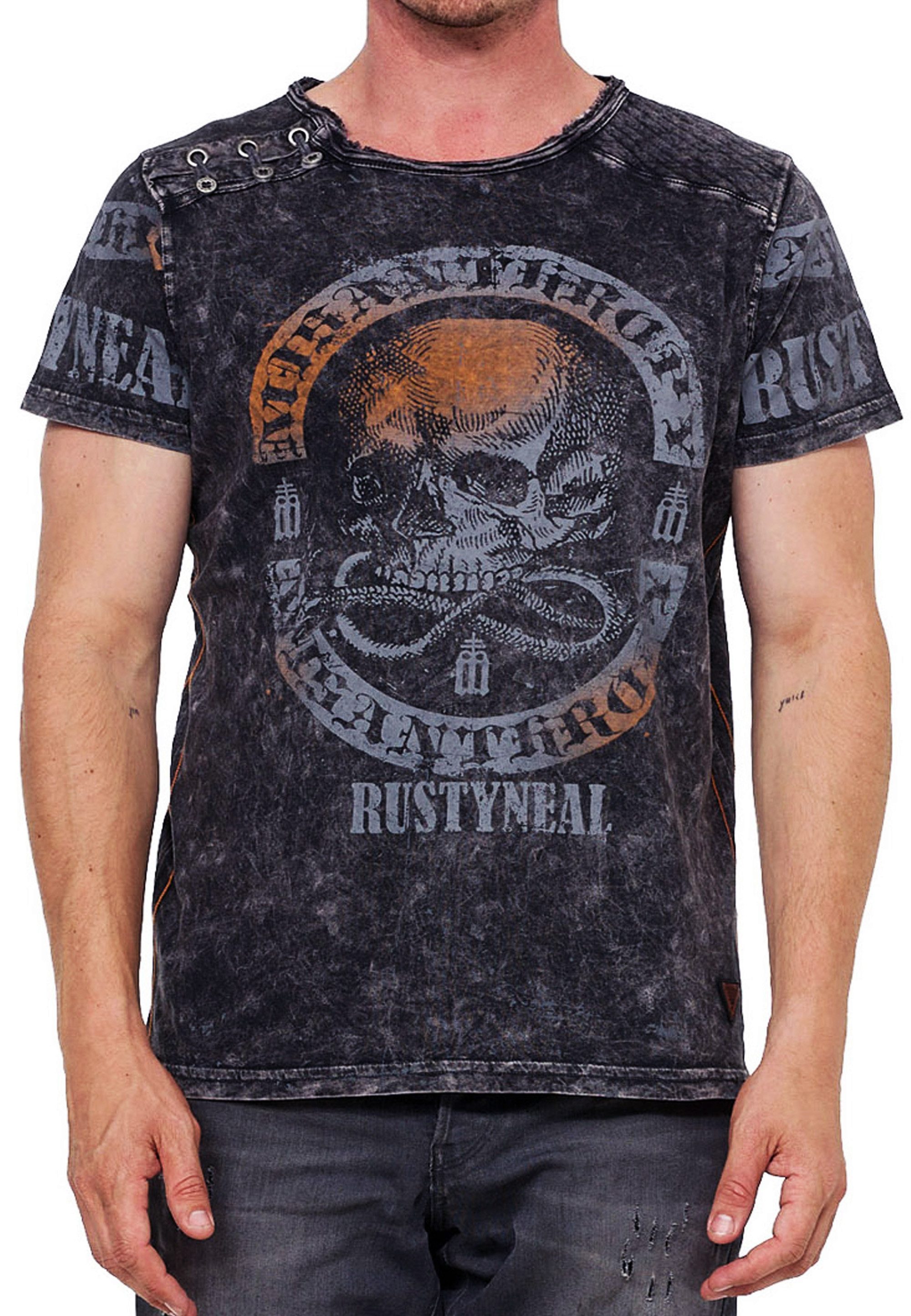 T-Shirt T-Shirt Seitliche Knopfleiste Oil Washed Skull-Shirt Rocker Shirt