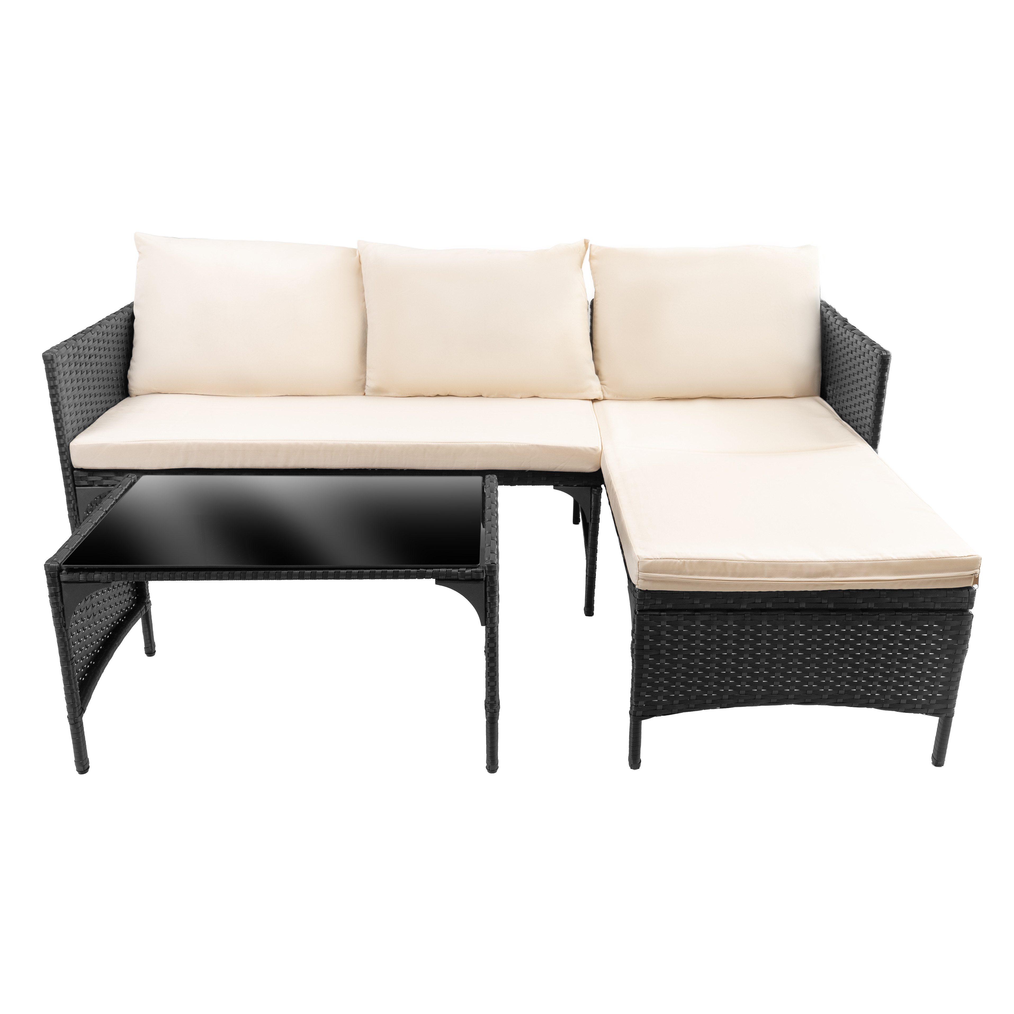 Furnify Gartenlounge-Set SOMMERHOF 2-teilig Gartenmöbel Set mit Ecksofa & Glastisch, (Set, 2-tlg., Ecksofa oder 2 Sofas – flexibel & wandelbar, 1x Tisch, Sitzkissen), Mit Sitzkissen inklusive