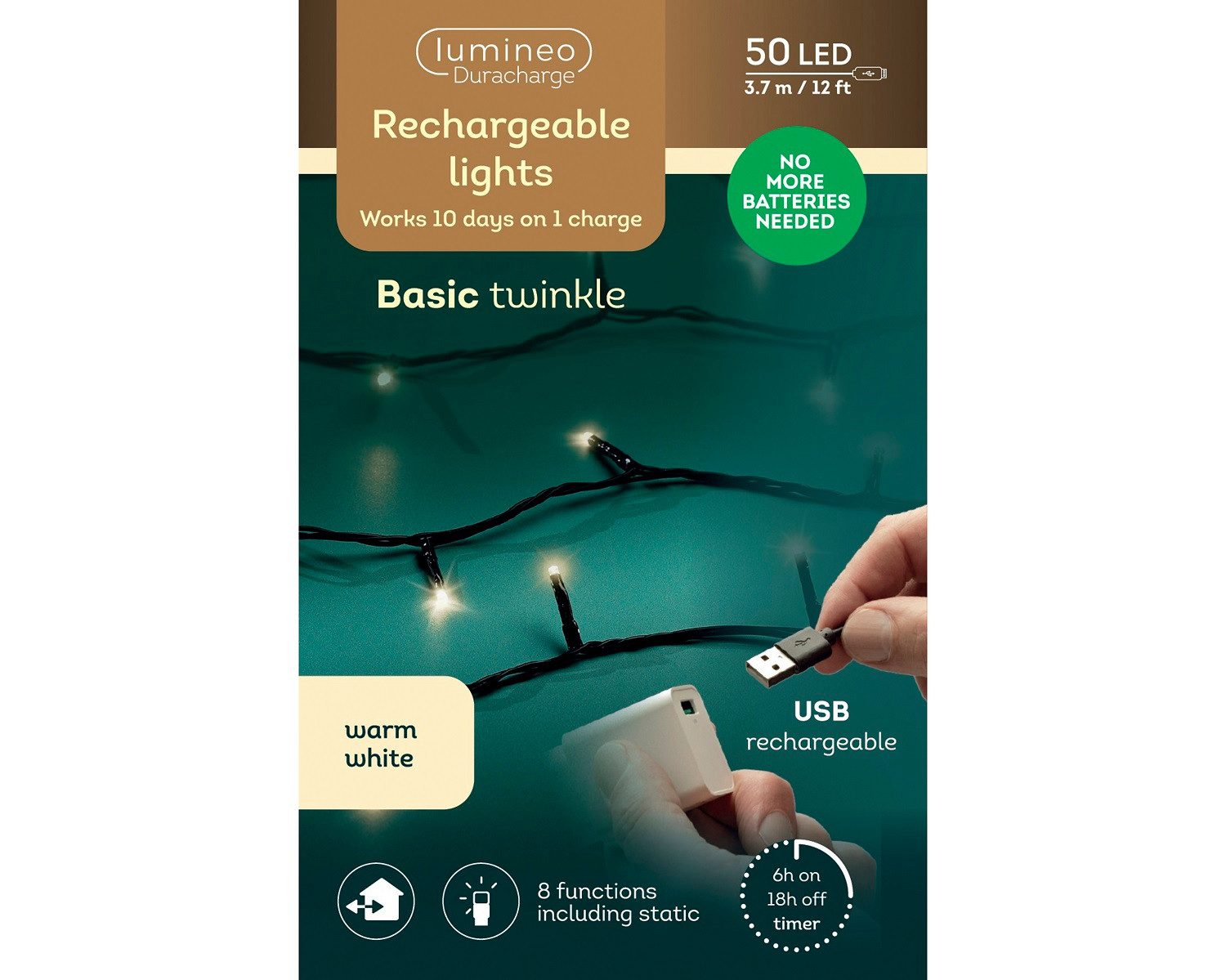 Lumineo LED-Lichterkette Lumineo, USB Lichterkette BASIC Twinkle, 50 LED 3,7 m, warm weiß, Indoor/Outdoor, 8 Funktionen, 6h-Timer, wiederaufladbar