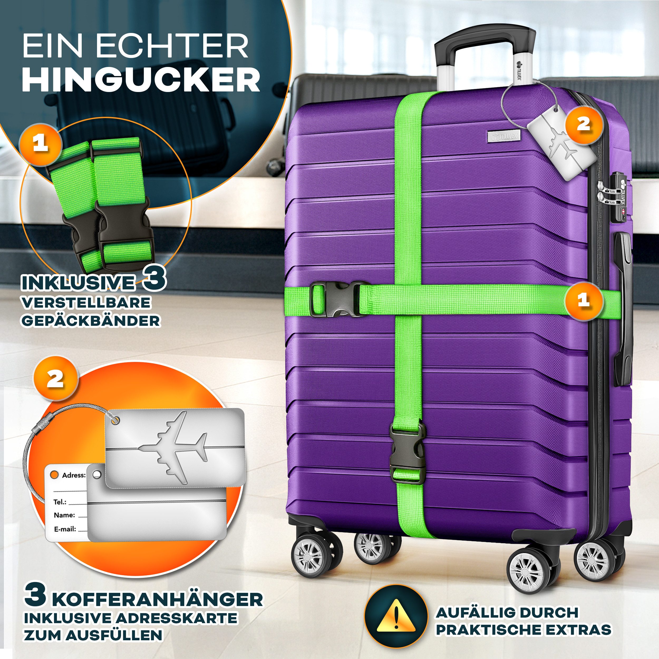 tillvex Trolleyset tillvex® Reisekoffer Set Koffer Hartschale Trolley Kofferset Tasche, (TSA Schloss Rollkoffer S-M-L-XL, 3 tlg., 4 Rollen Trolley Gepäck Koffer), Reisekoffer Set 3-TLG. + Gepäckwaage, 6X Gurte & 3X Anhänger Kofferset
