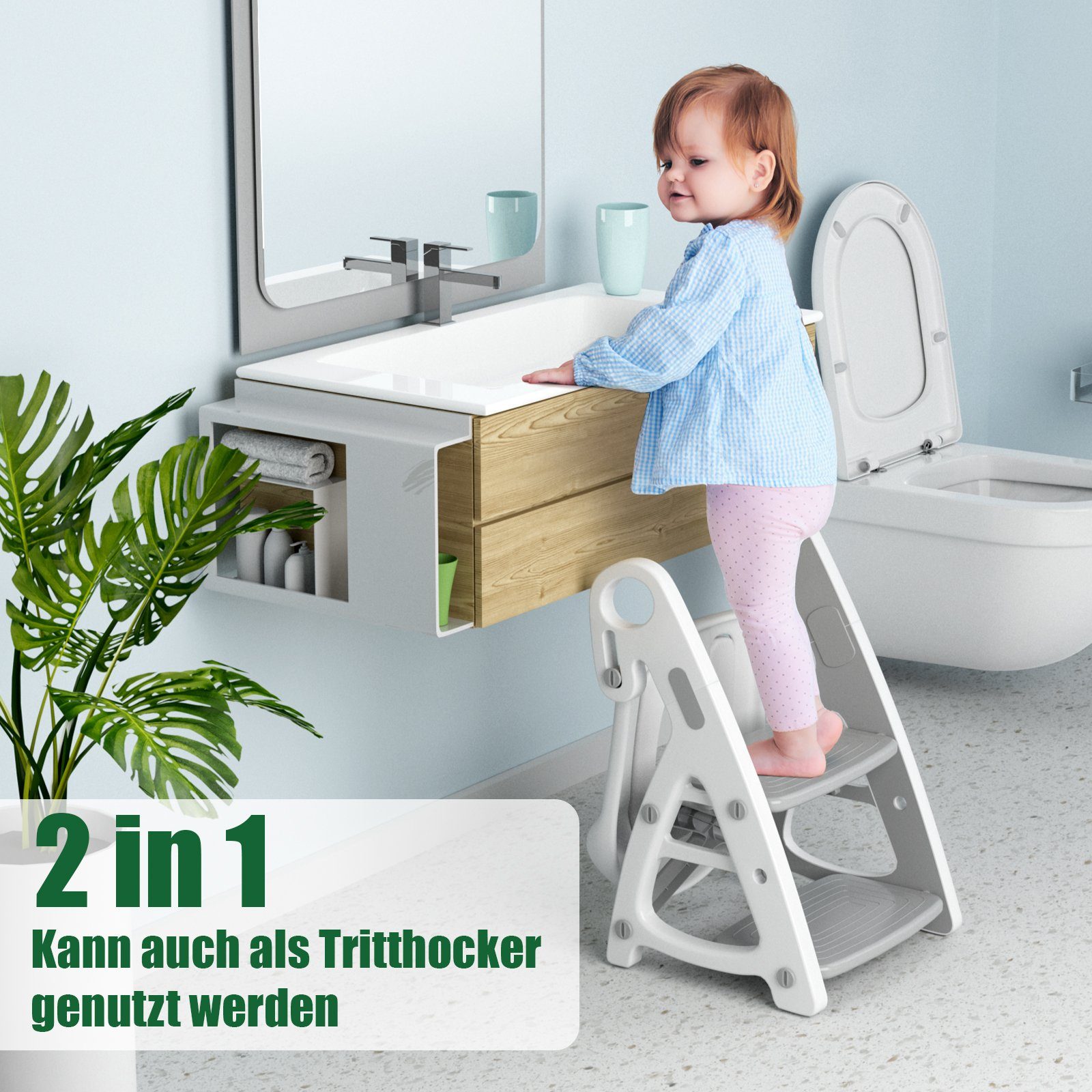 TLGREEN Toilettentrainer Toilettensitz Kinder Grau in Treppe, Tritthocker Toilettensitz mit Baby mit 2 1