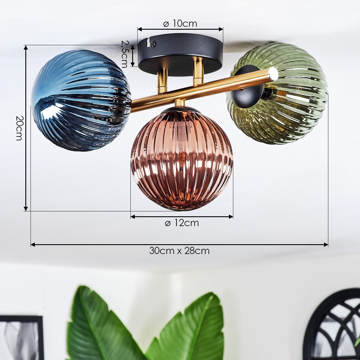 hofstein Deckenleuchte Deckenlampe aus Metall/Riffelglas in Schwarz/Gold/Blau/Grün/Kupfer, ohne Leuchtmittel, Deckenleuchte im modernen Vintage-Design (Schirme Ø 12 cm), 3 x G9