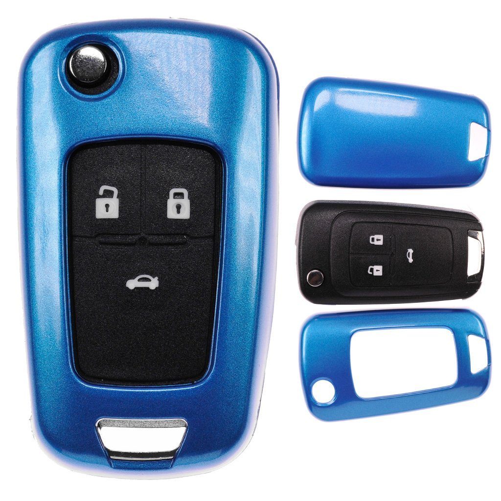 mt-key Schlüsseltasche Autoschlüssel Hardcover Schutzhülle Metallic Blue, für Opel Astra J Corsa D Meriva Insignia Zafira Adam Klappschlüssel Metallic Blau