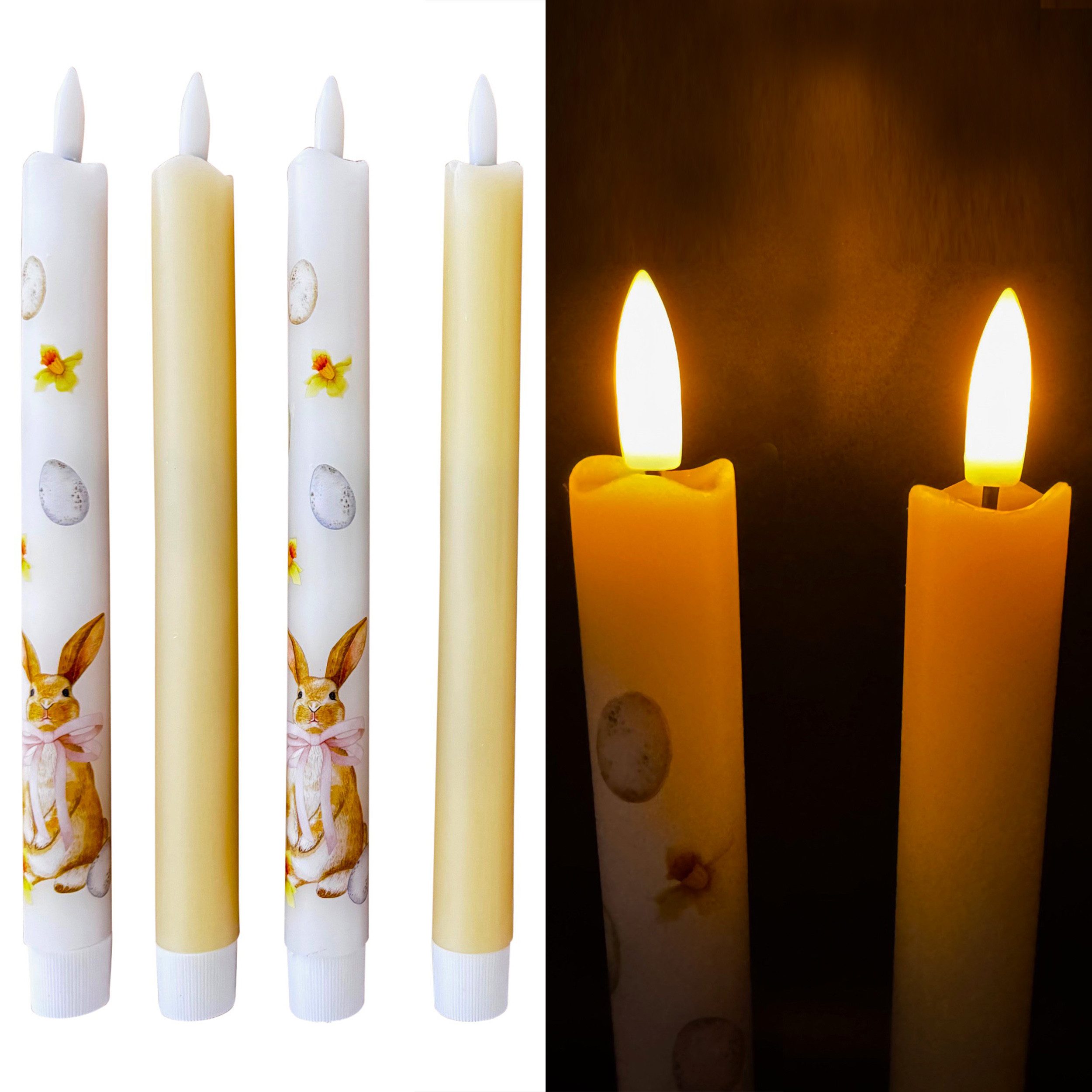 Online-Fuchs LED-Kerze 4 LED Stabkerzen mit Timer im Frühlingsdesign & Osterhasen - Osterdeko (im zarten Gelb oder Flieder Ton, mit realistischer Kerzenflamme), praktische 6-Stunden Timerfunktion