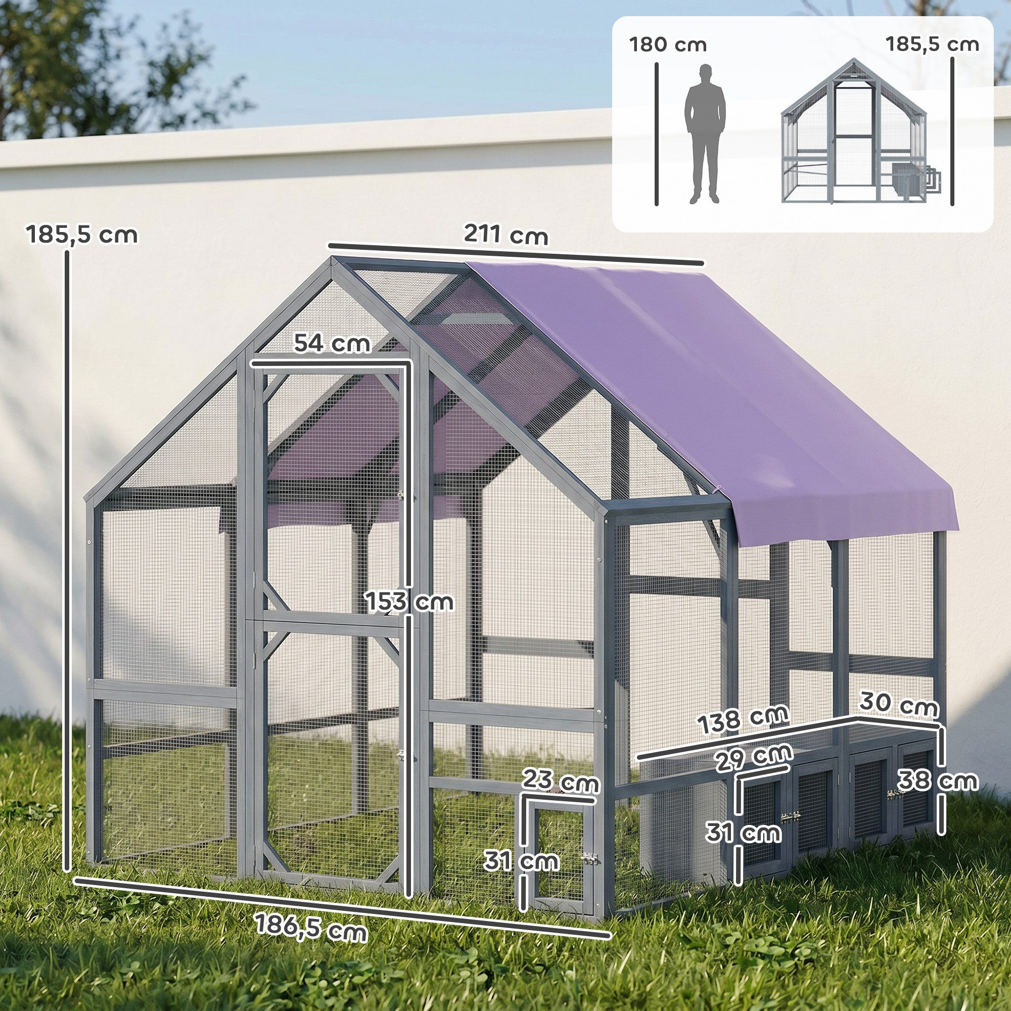 PawHut Hühnerstall Freilaufgehege mit wetterfestes Tuch Sicherheitsschloss Hühnergehege, für 8-10 Hühner für Hof Garten ca.2,11 x 1,87 x 1,86 m Dunkelgrau