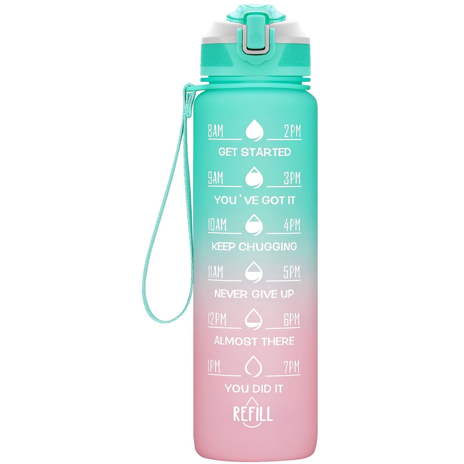 WISHDOR Trinkflasche Sport Wasserflasche Sportflasche Auslaufsicher 1 Liter BPA-Frei 1L, Zeitmarkierung und Strohhalm Fitness Outdoor Camping Fahrrad Wandern Grün/Pink