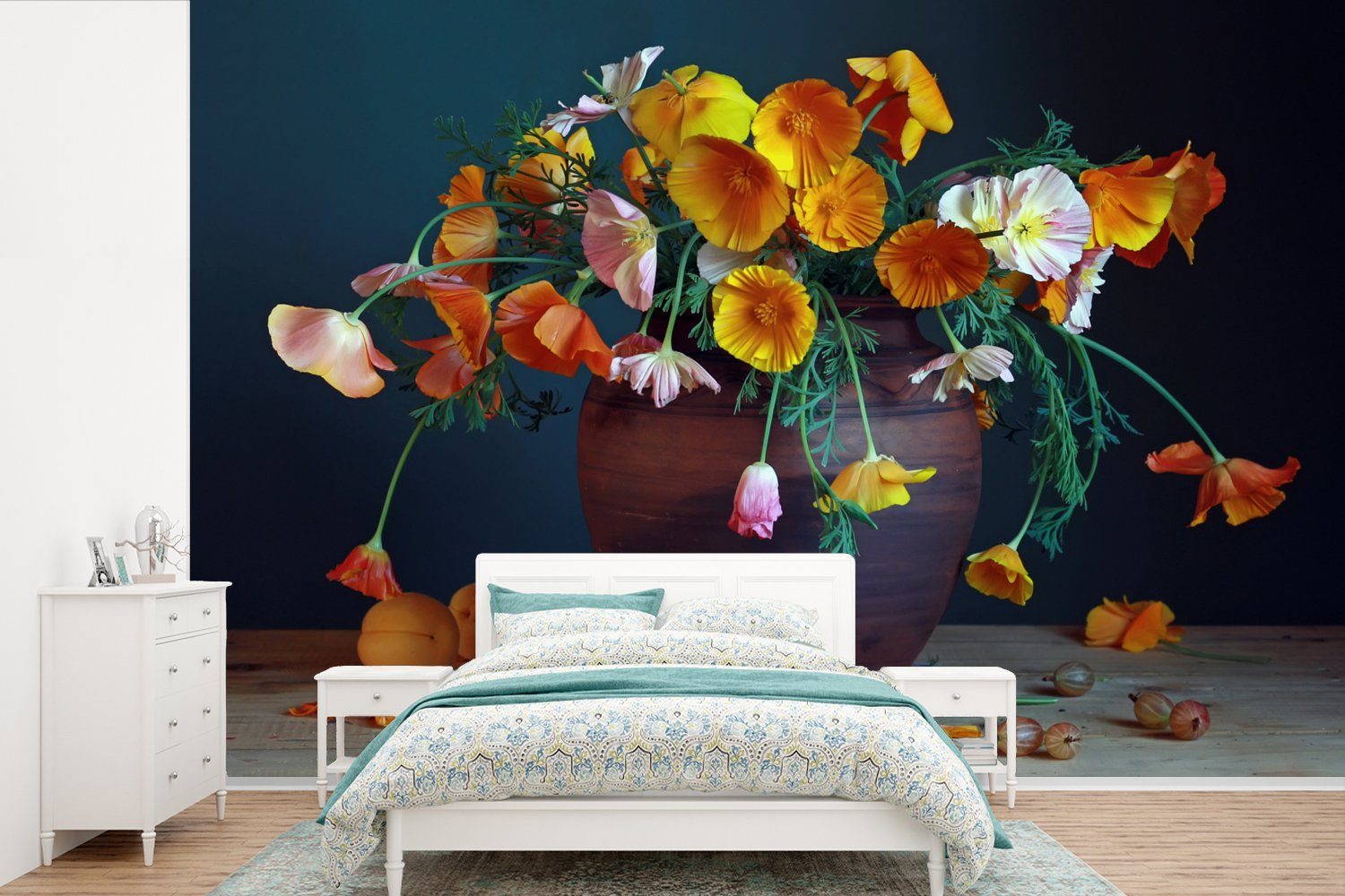 MuchoWow Fototapete Vase - (6 Wohnzimmer, Wallpaper Farben bedruckt, für Schlafzimmer, Kinderzimmer, Tapete Stilleben, Matt, - St), Vinyl