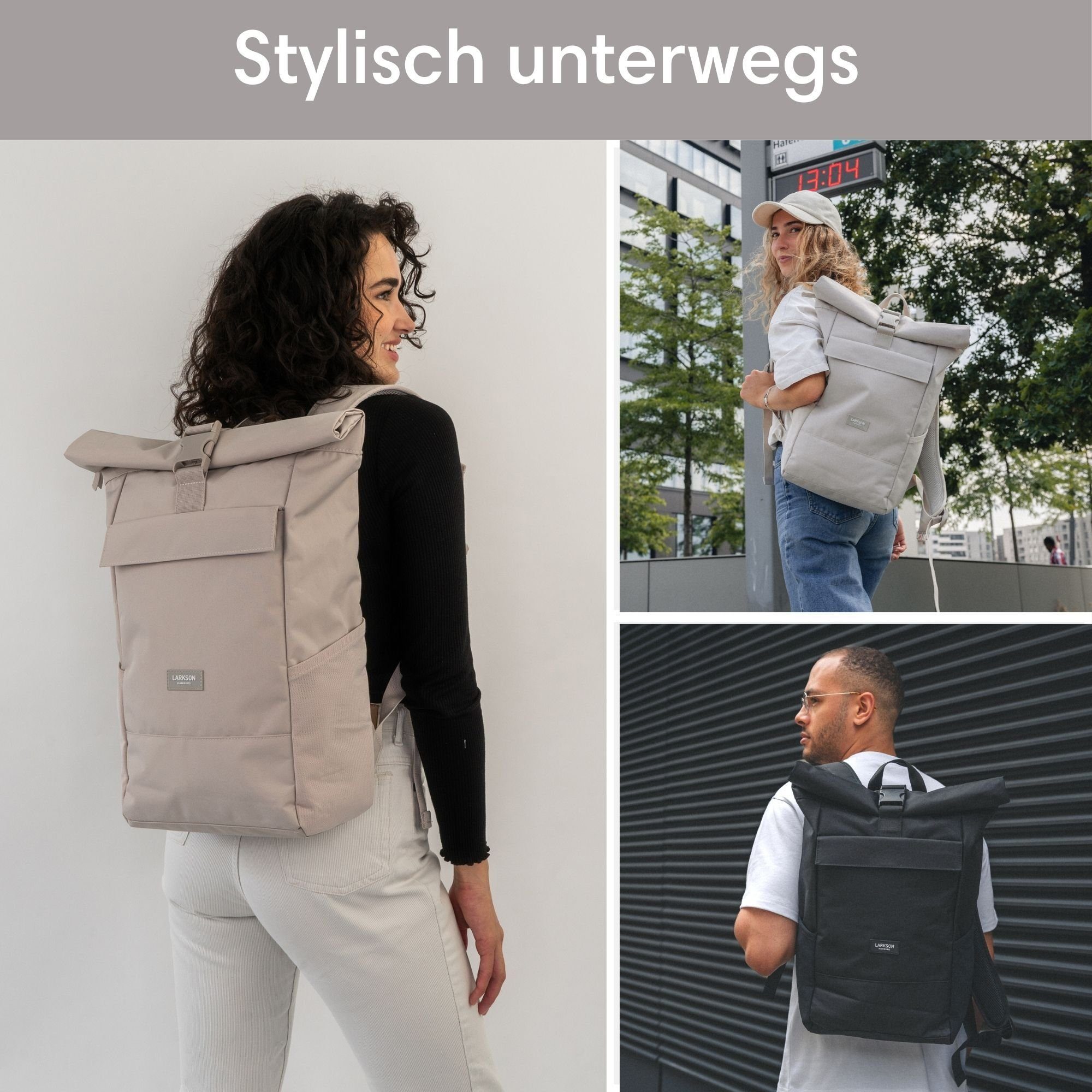 Laptop Rolltop 4, LARKSON Cityrucksack Sand No Wasserabweisend Herren, Fach, Damen