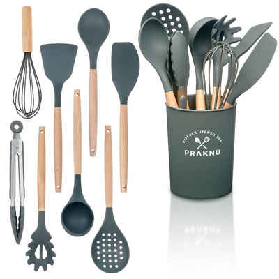 Praknu Kochbesteck-Set - 8 Silikon Küchenhelfer, Holzgriff Kochgeschirr Küchenutensilien (Set, 8-tlg), Küchen Accessoires Zubehör Haushalt Set & Halterung / Aufhängeschlaufe