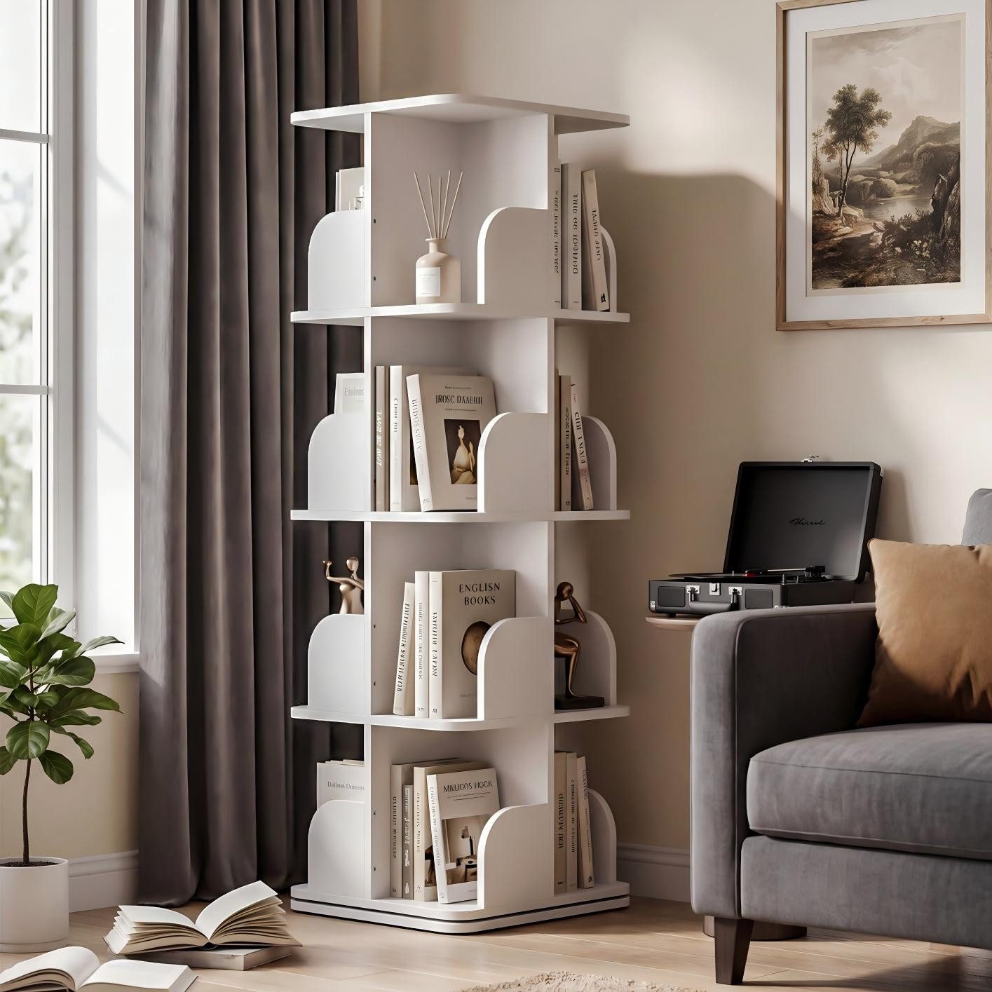 oyajia Bücherregal Drehbare Bücherregal, 4 Etagen Stehregale Lagerregal mit Fächern, Bücherregal, offenes Aufbewahrungsregal, 39.5 x 39.5 x 128 cm, drehbar, 4 Ebenen 16 Fächer