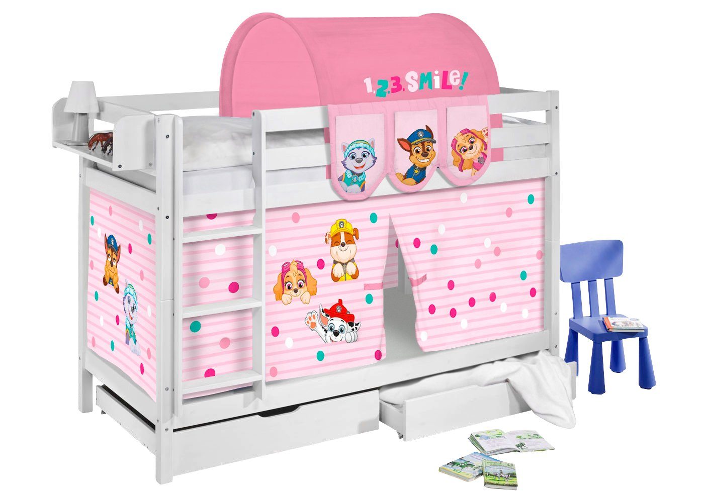 Lilokids Spielbett JELLE 200x90 cm + 2 Lattenroste & Vorhang PAW PATROL ROSA