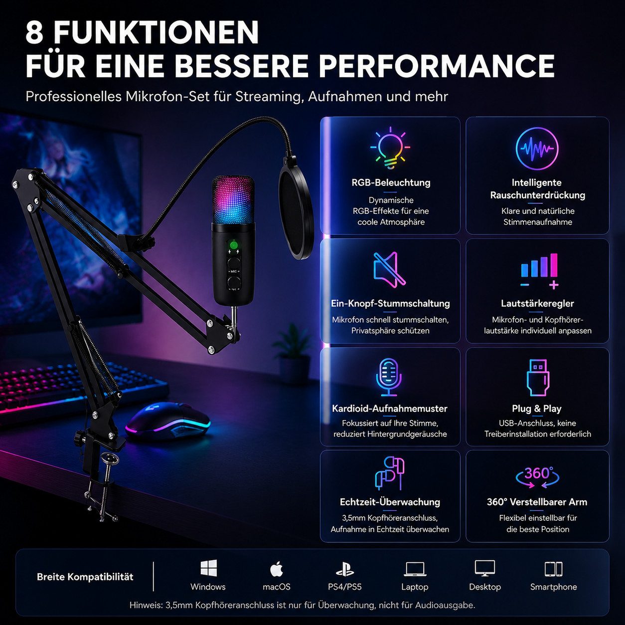 Toomoke Mikrofon USB Mikrofon Set mit Mikrofonarm, Gaming Kondensator RGB (mit Geräuschreduzierung, Stummschaltung und Kopfhörer Monitoring, Type-C-Adapter), (Set, 7-tlg), Streaming-Mikrofon,für Streams & Podcast