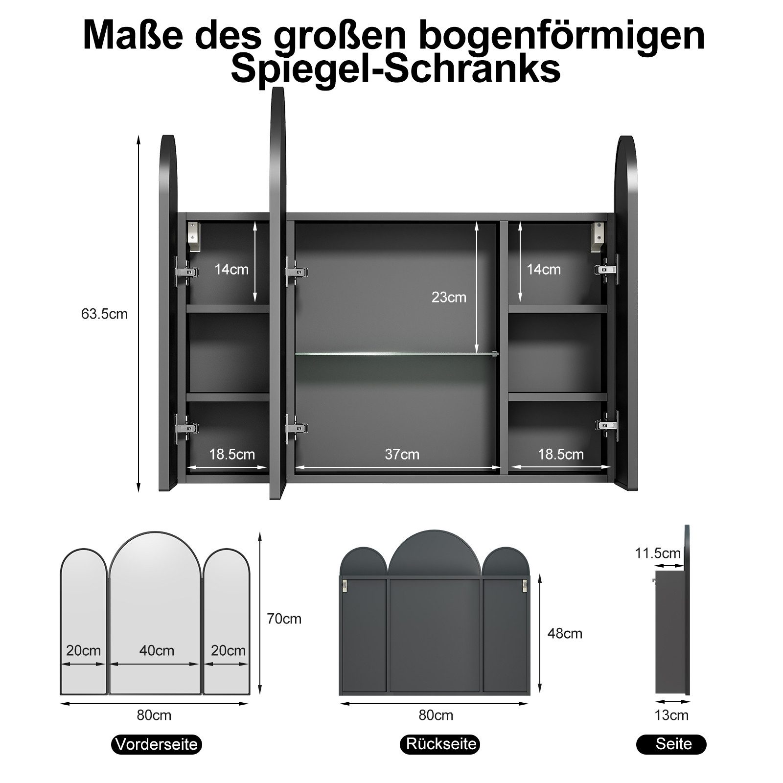 radelldar Badezimmerspiegelschrank Wandschrank mit Stauraum, HD-Spiegel Schrank (1-St) 3-türiger Bogen-Spiegelschrank, 80x70 cm