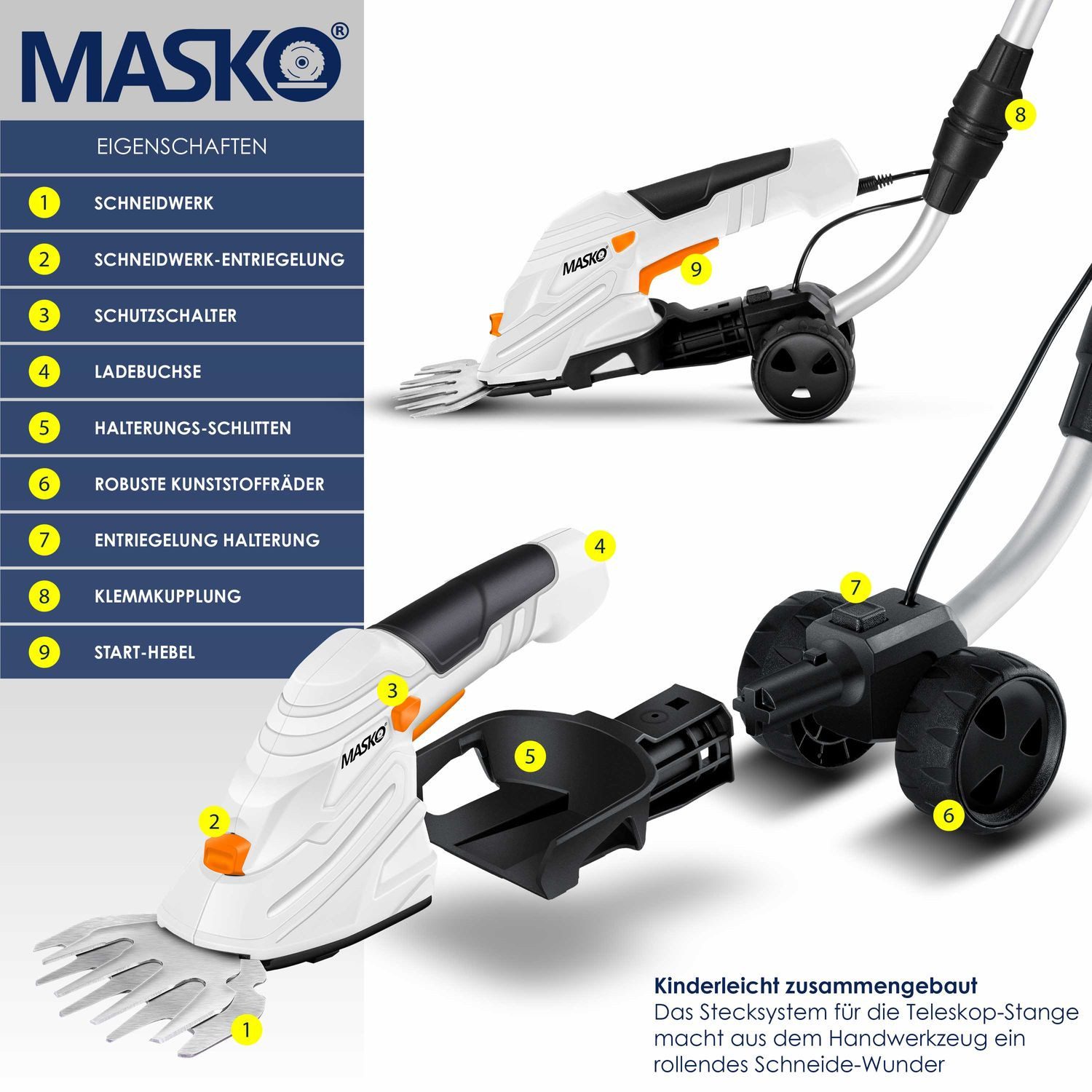 MASKO Akku-Grasschere, (0 St), Grasschere Strauchschere Set mit Akku 7,2V 2000mA/h Ladegerät