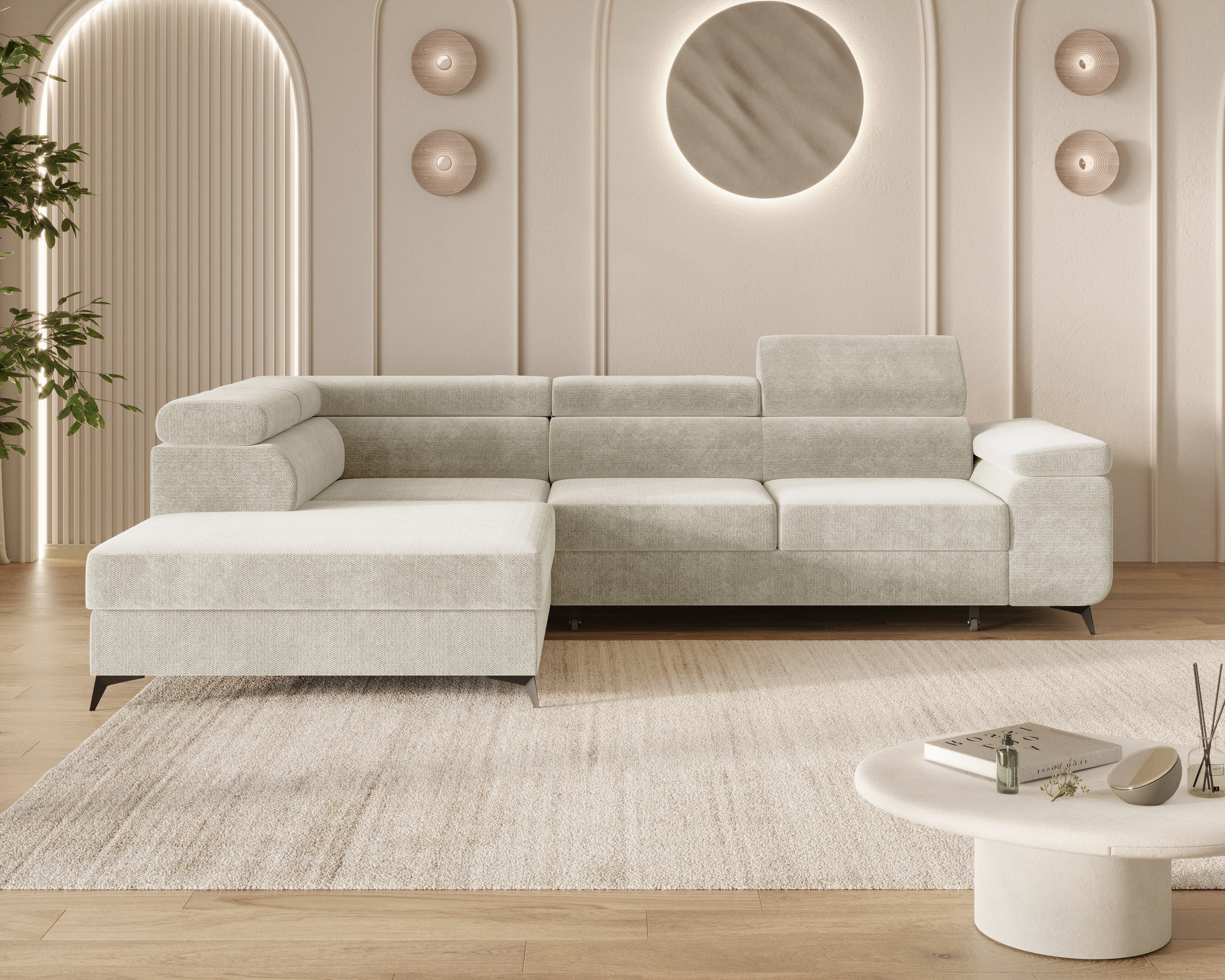 MOEBLO Ecksofa OSTIN, 290 cm – Modernes L-Sofa mit Schlaffunktion, Bettkasten und verstellbaren Kopfstützen, Cord oder Strukturstoff, - (BxHxT): 290 x 75–90 x 202 cm