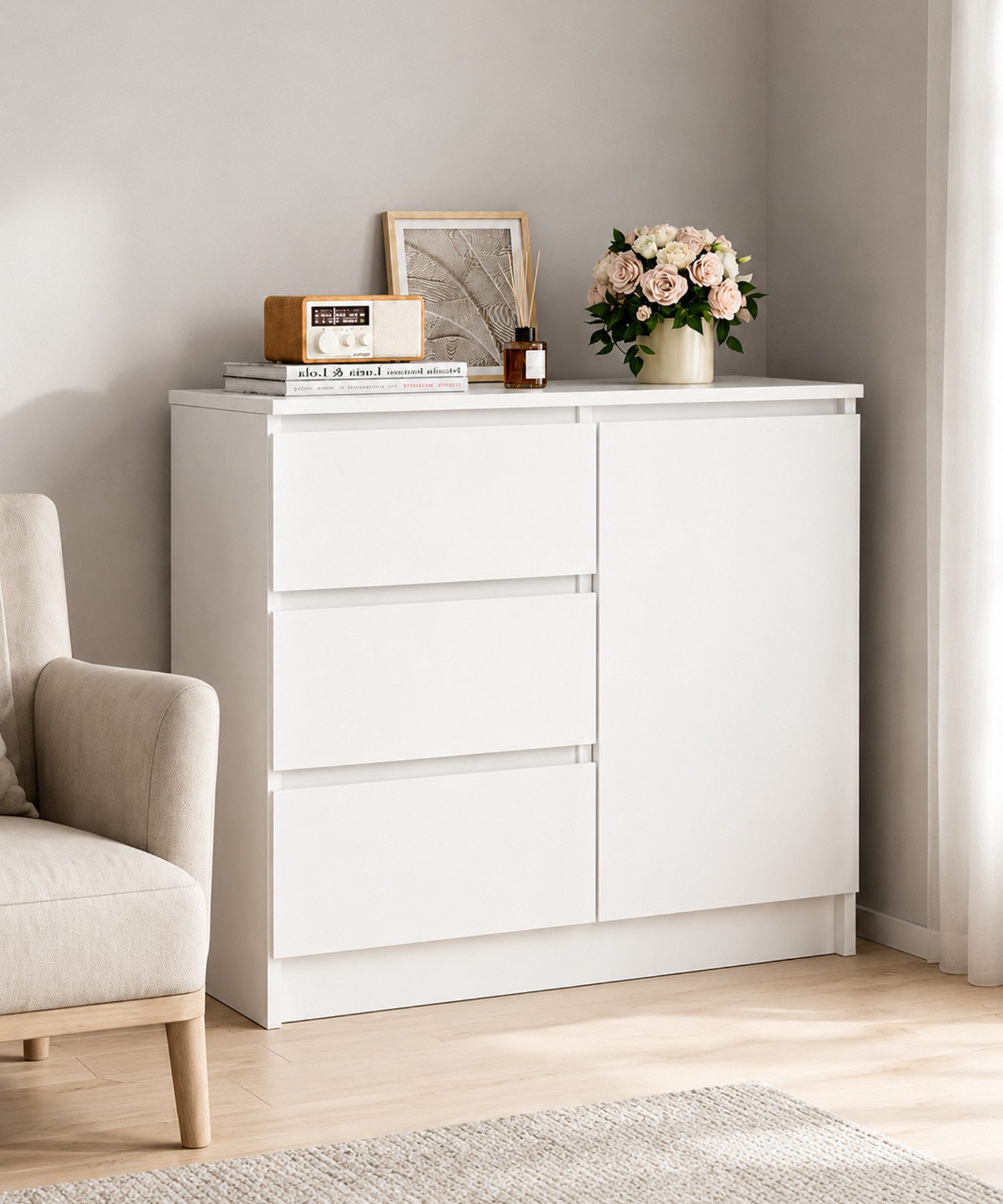 Yorbay Sideboard Weiß Kommode 80.5cm Beistellschrank mit 1 Türen und 3 Schubladen, 1 versteckten kleinen Schublade Maße:80.5x35x79cm
