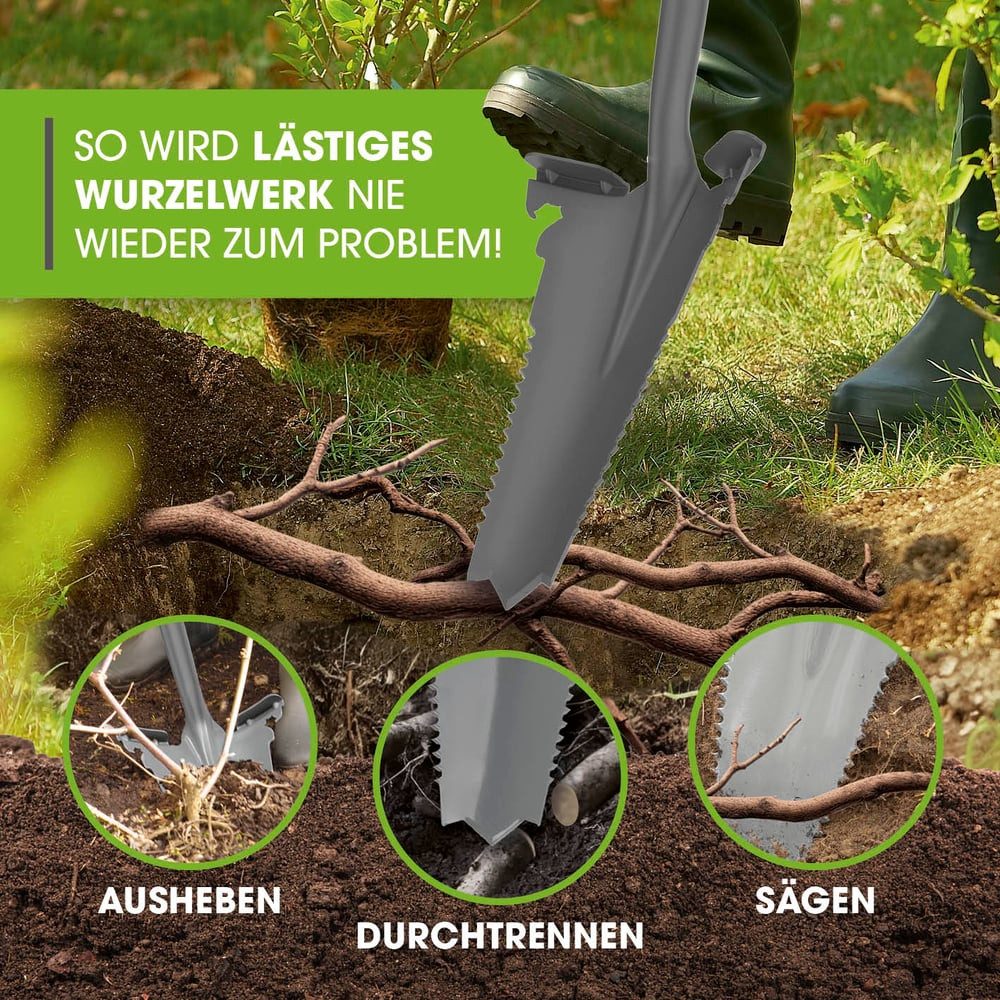 EASYmaxx Spaten - & Wurzelsäge 114cm grau/rot, (1-St), Spaten- & Wurzelsäge mit einer V-förmigen Klinge & mit Flaschenöffner