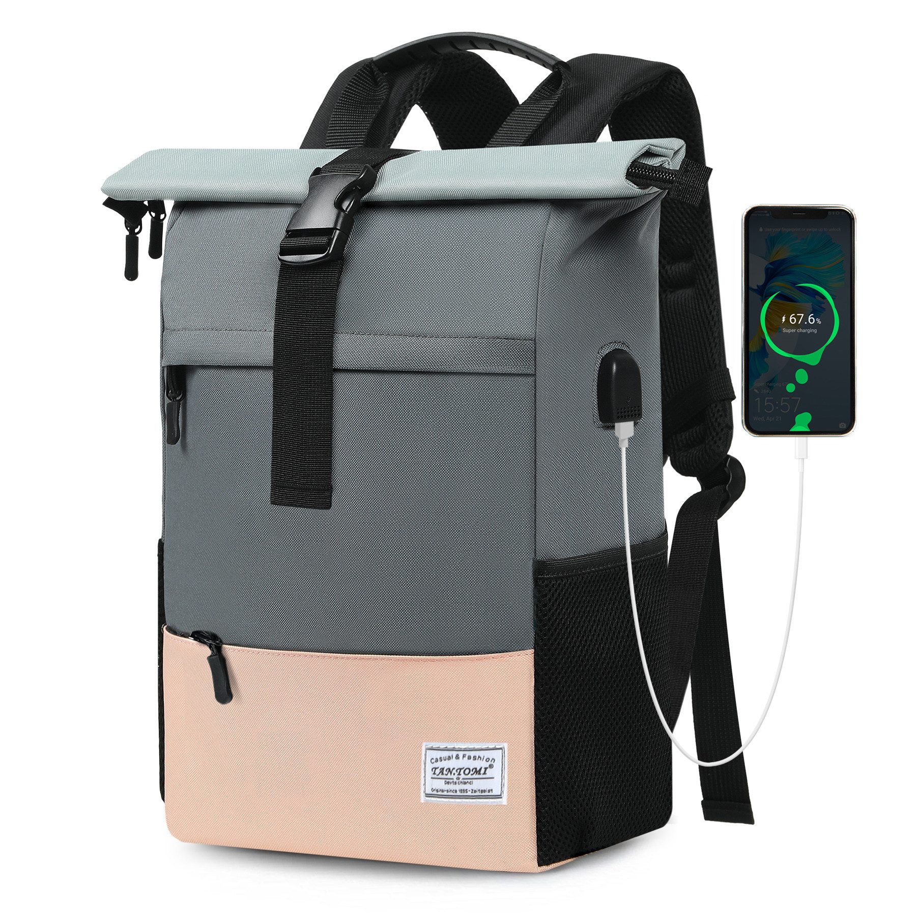 TAN.TOMI Cityrucksack Freizeitrucksack Groß Damen lässiger Rolltop Rucksack Herren Backpack (Arbeitsrucksack viele Fächer mit 15,6" Laptopfach/USB-Anschluss), Reiserucksack Lässiger Backpack Schule Freizeit Uni Arbeit Wandern