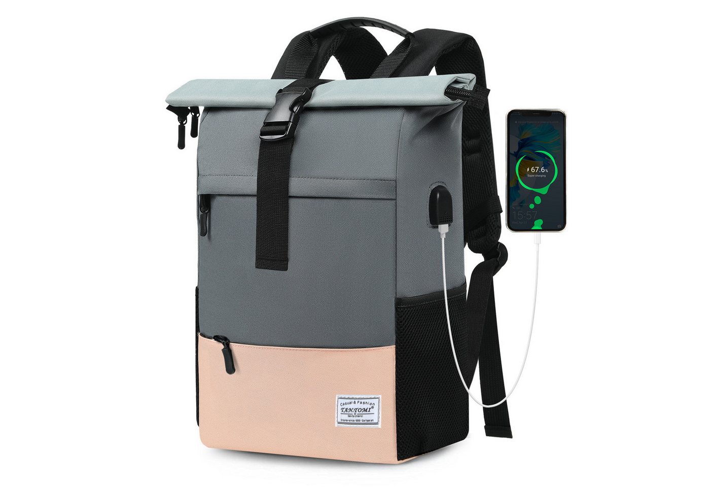 TAN.TOMI Cityrucksack Freizeitrucksack Groß Damen lässiger Rolltop Rucksack Herren Backpack (Arbeitsrucksack viele Fächer mit 15,6" Laptopfach/USB-Anschluss), Reiserucksack Lässiger Backpack Schule Freizeit Uni Arbeit Wandern