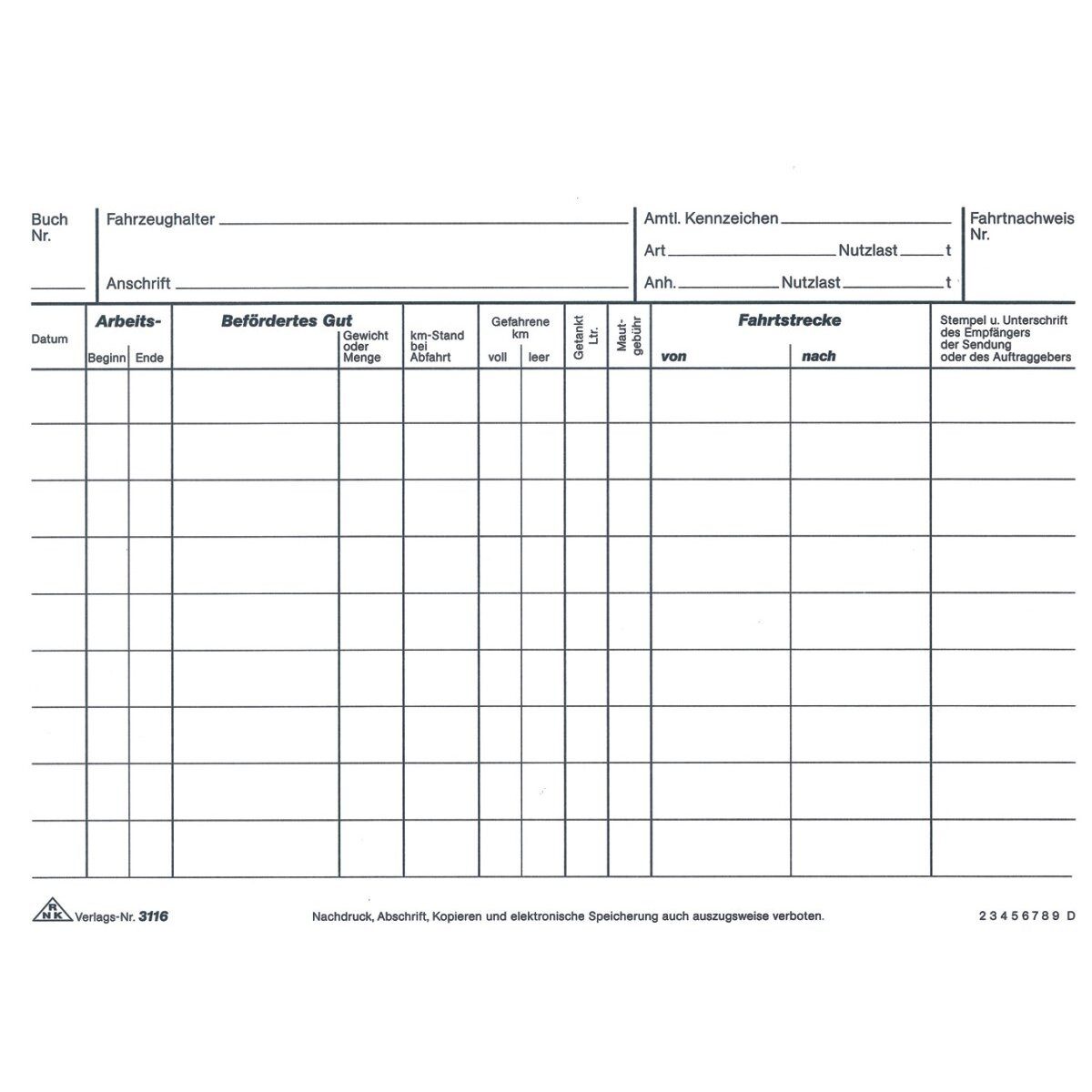 RNK Verlag Formularblock Formularbuch Fahrtenbuch A5 LKW 2x25 Blatt selbstdurchschreibend