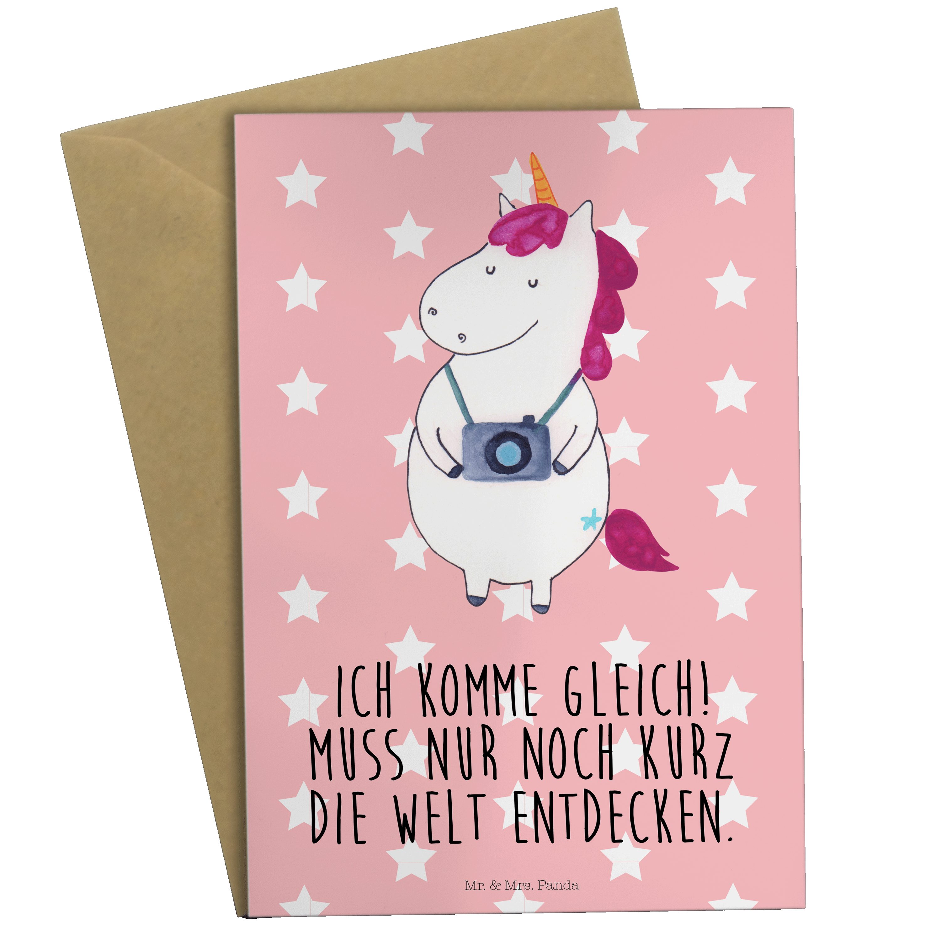 Mr. & Mrs. Panda Grußkarte Einhorn Fotograf - Rot Pastell - Geschenk, Pegasus, Hochzeitskarte, K