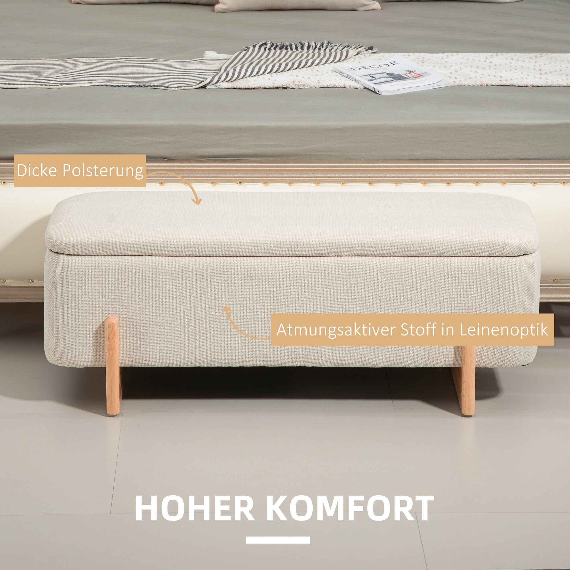 HOMCOM Sitzbank Polsterbank mit Leinenoptik, Sitztruhe Sicherheitsscharniere (Bettbank, 1-St., Polsterbank mit Stauraum), für Wohnzimmer, Schlafzimmer, Flur, 11 – Bild 5 von 5