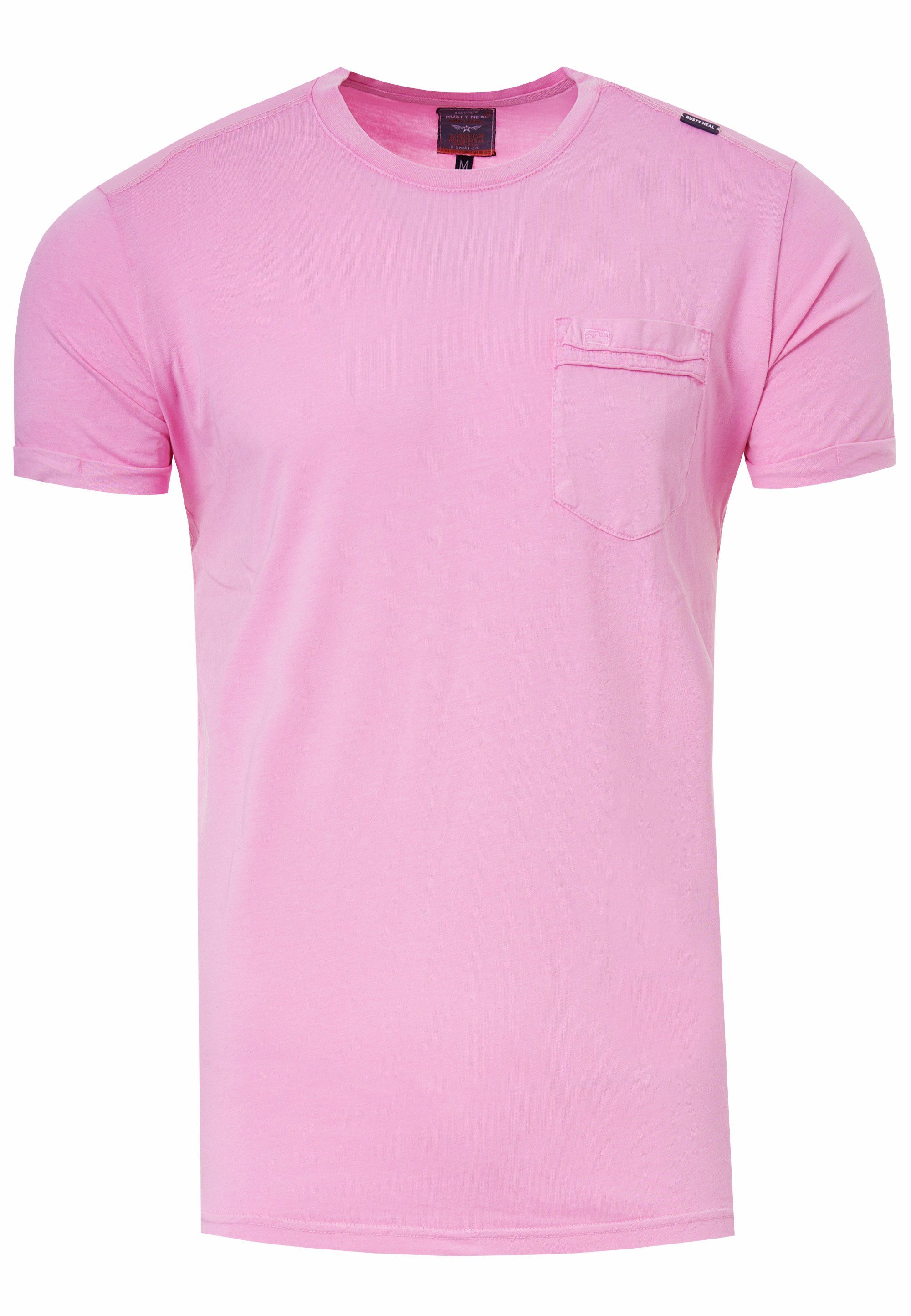 Rusty Neal T-Shirt mit aufgesetzter rosa Brusttasche