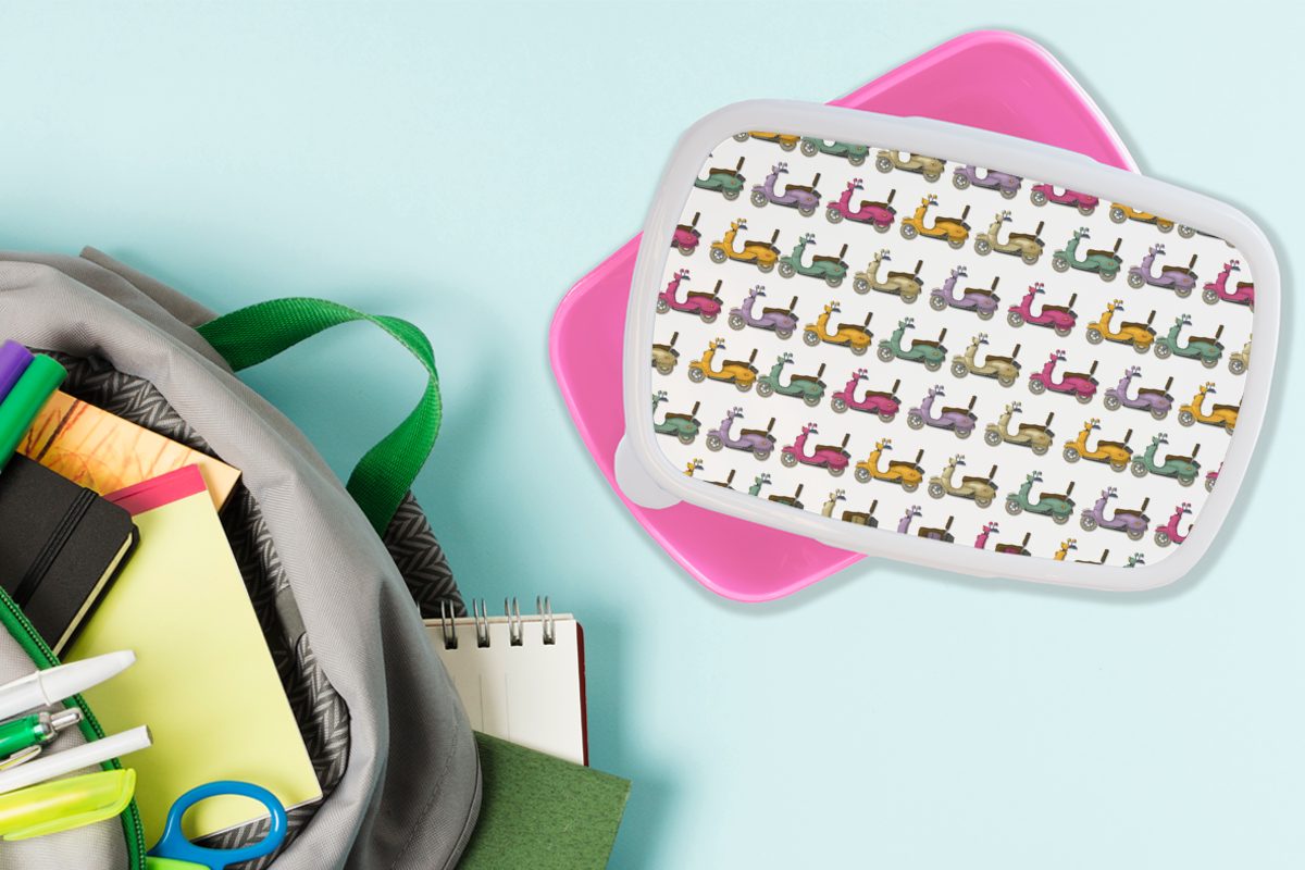 Teenager - Brotbox Brotdose - MuchoWow Mädchen, Motorroller Lunchbox rosa - Snackbox, Muster Kunststoff, Reisen, für Erwachsene, (2-tlg), Kunststoff Kinder,