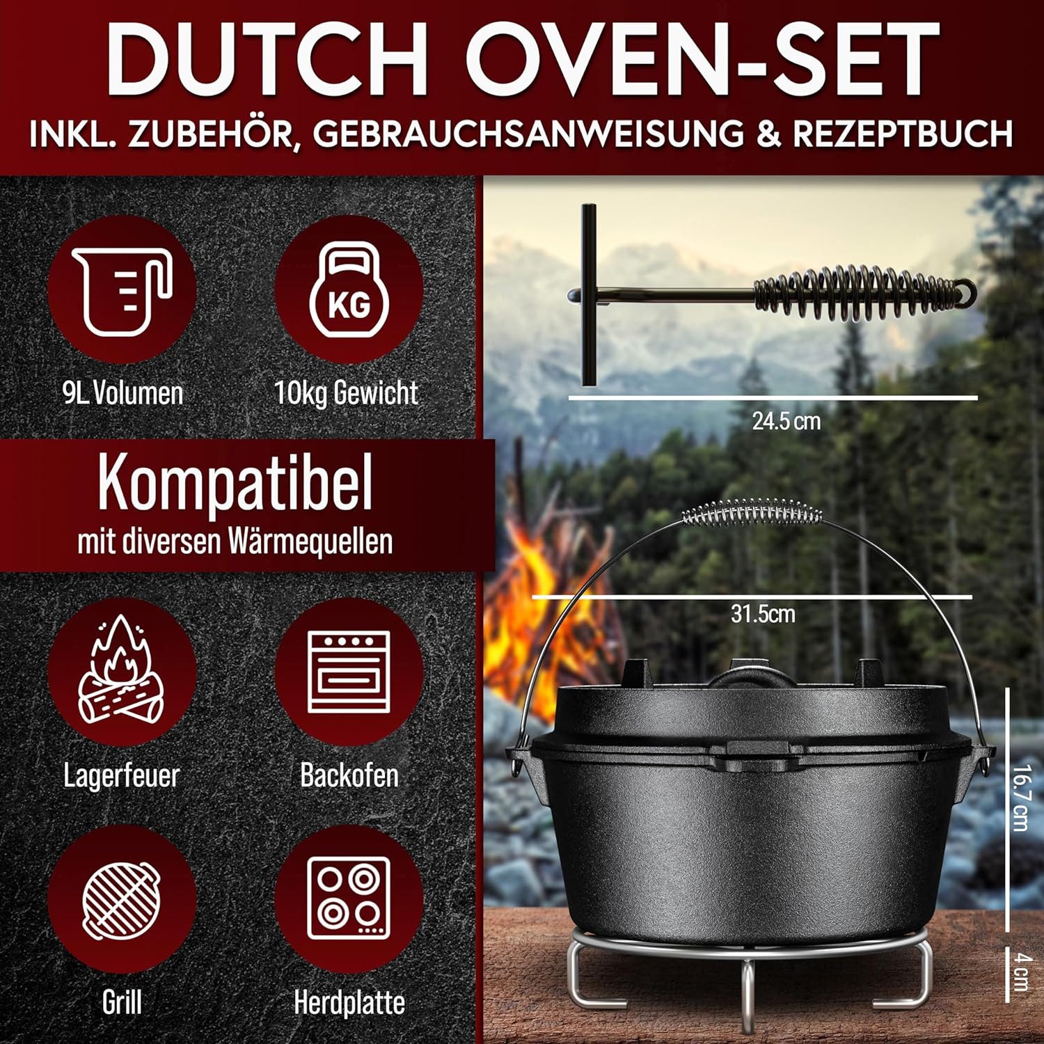 GUSSKÖNIG Grilltopf Dutch Oven Set 12 Liter Deckelheber und Edelstahl Untersetzer