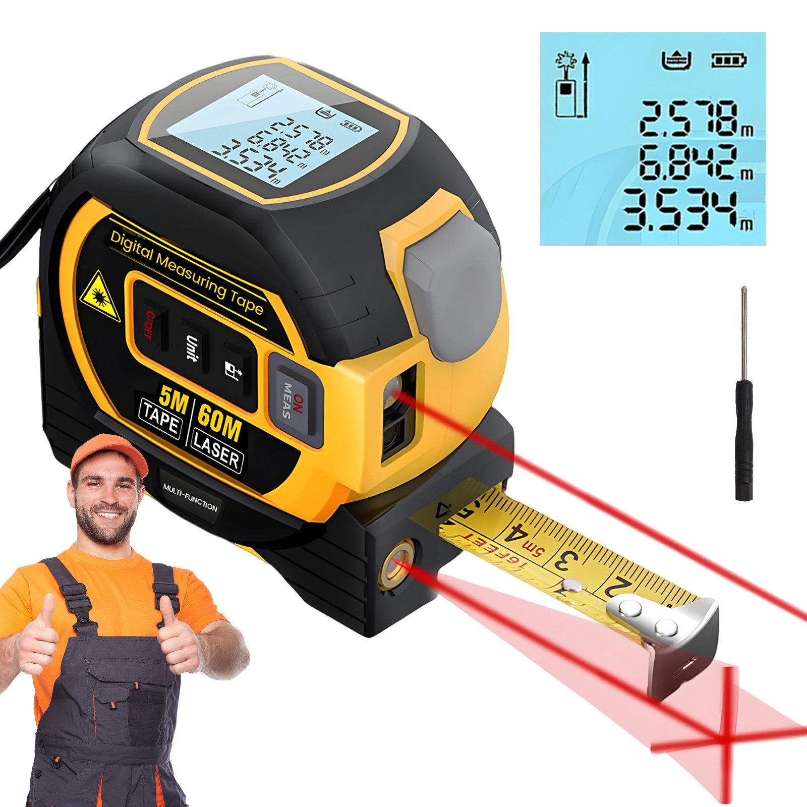 AKKEE Winkelmesser Multimesser Laser-Distanzmessgerät, Digital Laser Winkelmesser, bis 60 m Laser-Entfernungsmessung